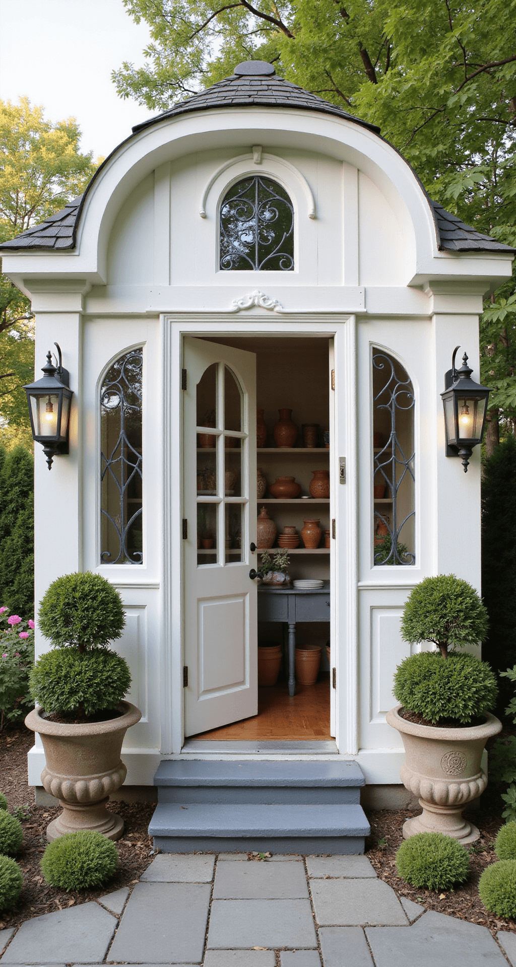 Elegant French Provincial garden shed with soft white lime-washed exterior, curved iron window grilles, and bluestone threshold, flanked by copper lanterns and adorned with lavender topiaries. Interior features a zinc potting table and organized terra cotta pots. Surrounded by climbing roses and boxwood parterre, bathed in soft morning light that highlights sophisticated architectural details.