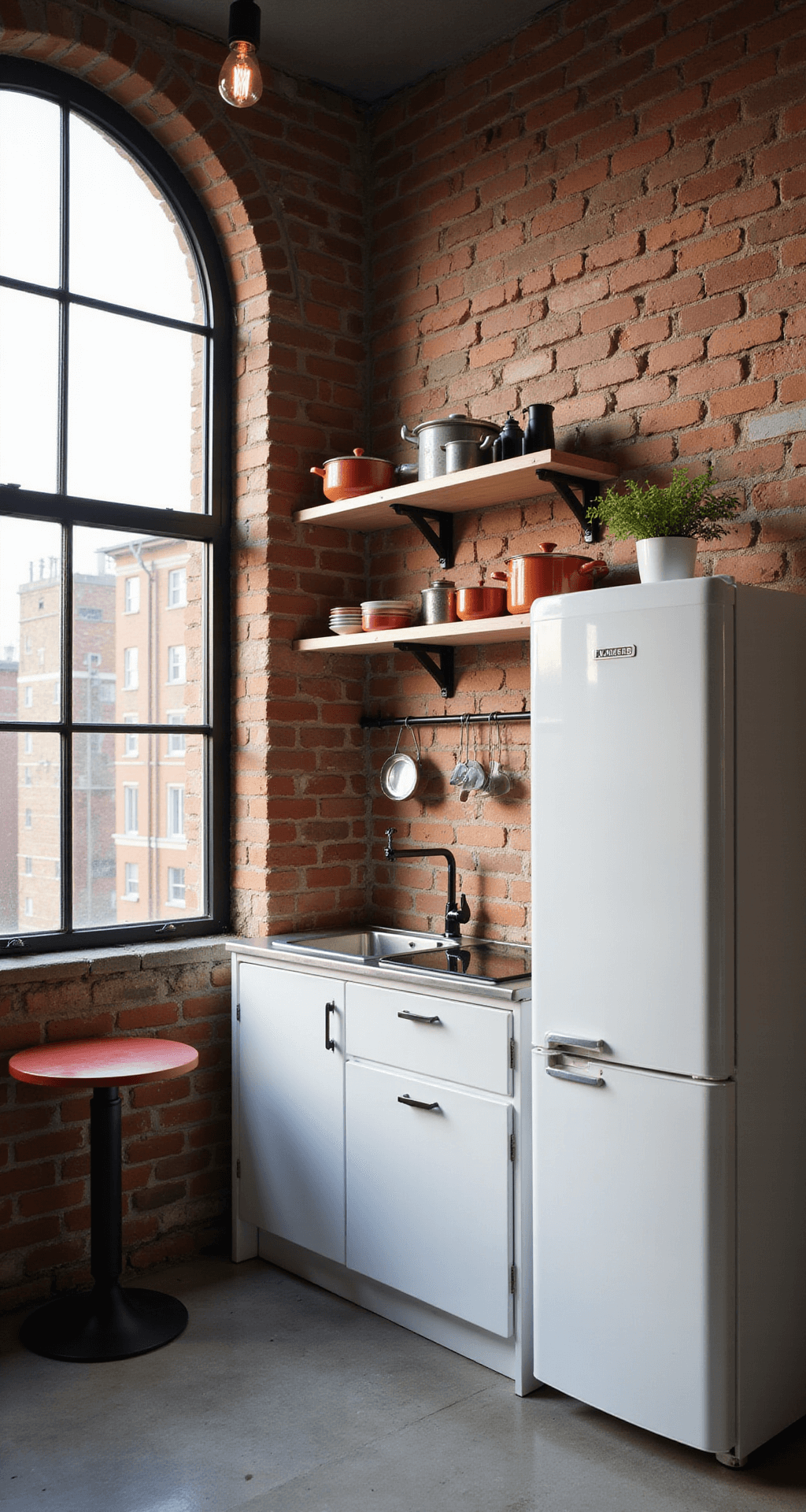 Wide-angle view of a compact SUNNERSTA kitchen in a stylish 8x10ft urban apartment featuring an exposed brick wall, clean white metal components, and colorful cookware on open shelving. Afternoon light casts geometric patterns through a factory-style window, illuminating the slim refrigerator, integrated cooktop, and a small dining nook with a bistro table. The scene embodies an industrial minimalist aesthetic with bright white, stainless steel, and brick red accents.