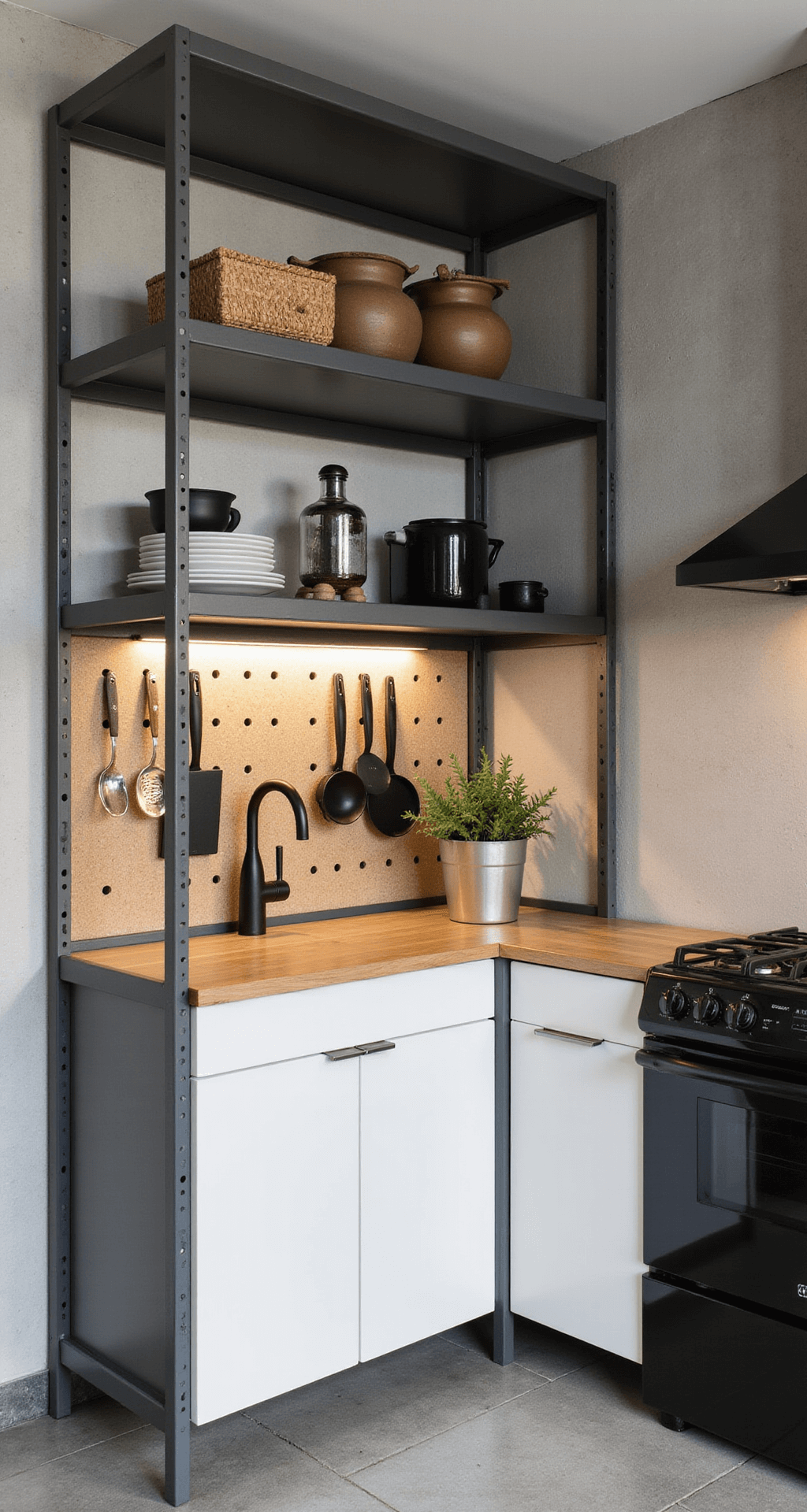 Corner view of a contemporary industrial kitchen featuring an ENHET mixed-storage setup in a 10x12ft area with concrete-look walls, open metal frame shelving in anthracite grey, white cabinets, bamboo countertops illuminated by task lighting, and a pegboard wall system for utensils. The space includes black appliances, matte black fixtures, and geometric cement tiles, showcasing a modern, organized, and functional design with a color palette of white, black, and warm wood.