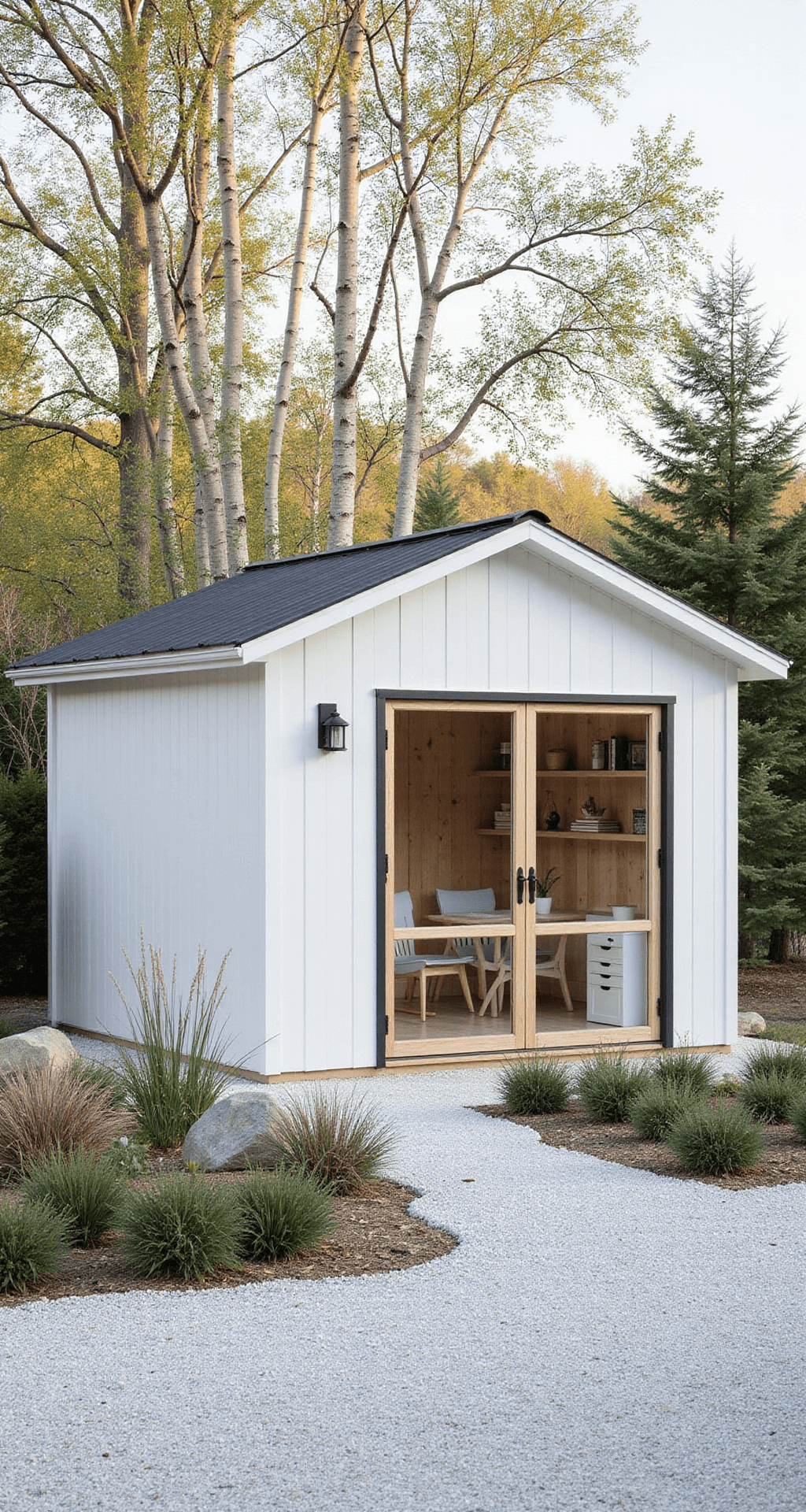 A minimalist Scandinavian garden shed with bright white vertical siding and a black metal roof, featuring a large window wall and blonde wood accents, surrounded by white gravel landscaping and birch trees.