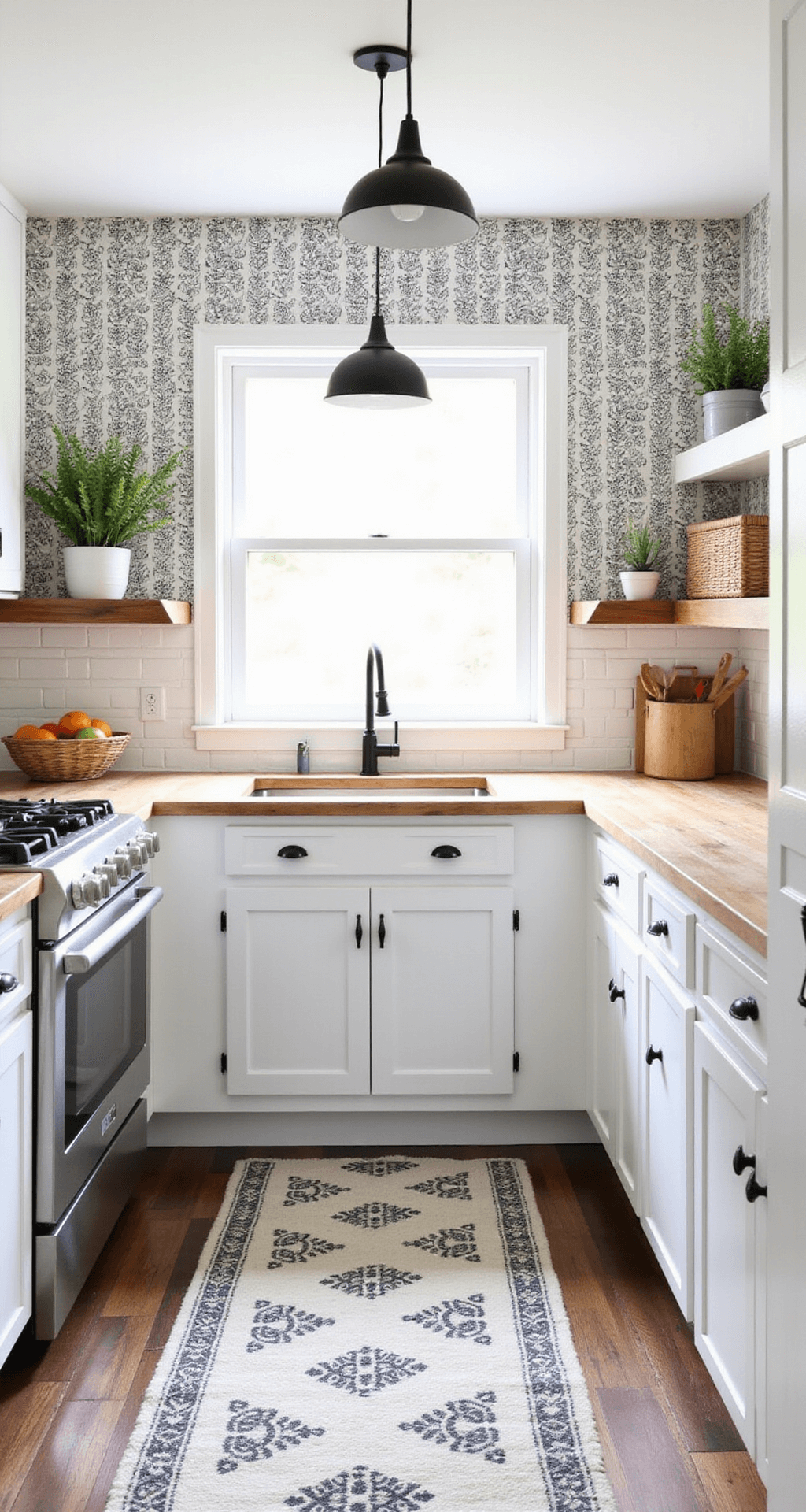A cozy, modern farmhouse kitchen makeover featuring pre-assembled white cabinets with black handles, butcher block counters, and a subway tile backsplash. A statement wallpaper focal wall adds interest, while vintage-inspired pendant lights and a plant shelf above the window contribute to the welcoming atmosphere. Woven baskets provide practical storage, and a patterned runner rug ties the space together in crisp white, natural wood, and black accents.