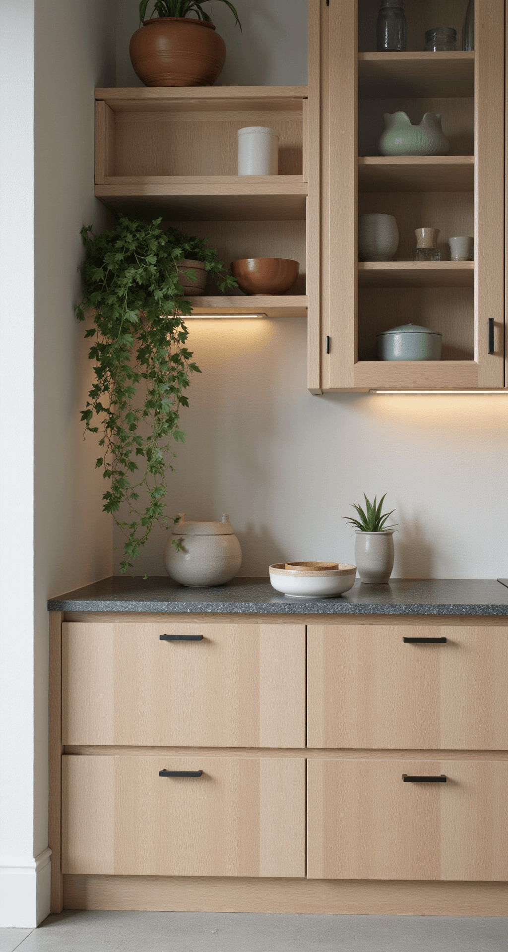 Detail shot of a serene organic modern kitchen corner featuring blonde ash cabinetry with glass doors showcasing artisanal pottery, warm under-cabinet lighting, floating shelves with trailing plants, integrated handles, and terrazzo countertops, accented with sage green elements.