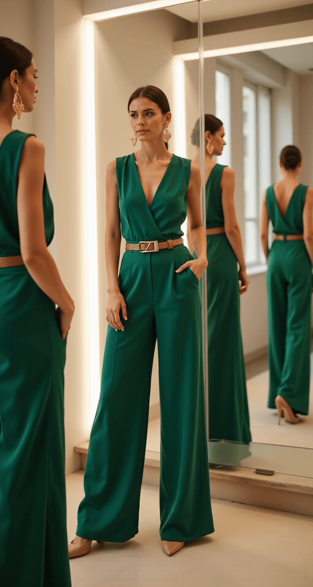 Close-up of a woman in a modern luxury dressing room trying on a sophisticated emerald green jumpsuit, accessorized with a gold belt, nude pointed pumps, and geometric gold earrings. Soft LED lighting and multiple mirrors enhance the scene's elegance and detail.