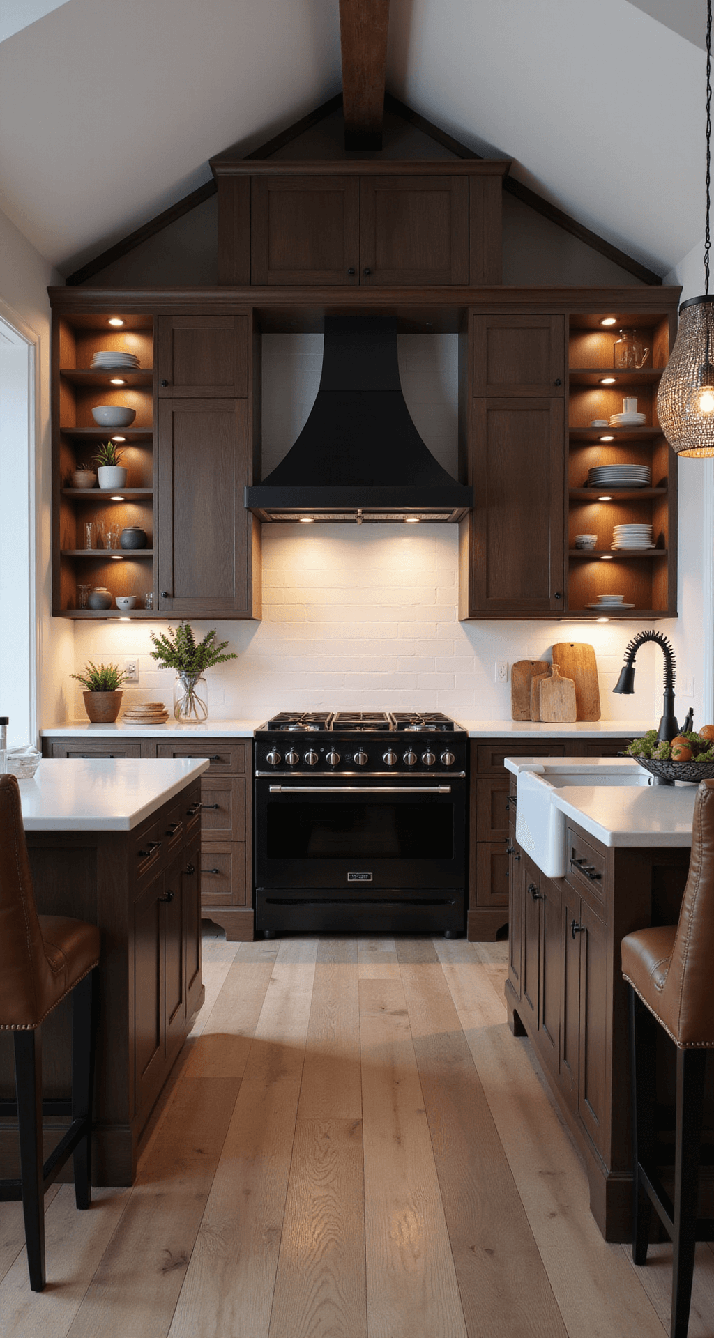 Dramatic perspective of a modern luxury kitchen in Enköping featuring rich brown cabinets, white quartz countertops, a sleek black range hood, backlit open shelving, an oversized island with leather barstools, and a pendant cluster light fixture, all set against wide plank flooring in a spacious room with a vaulted ceiling.