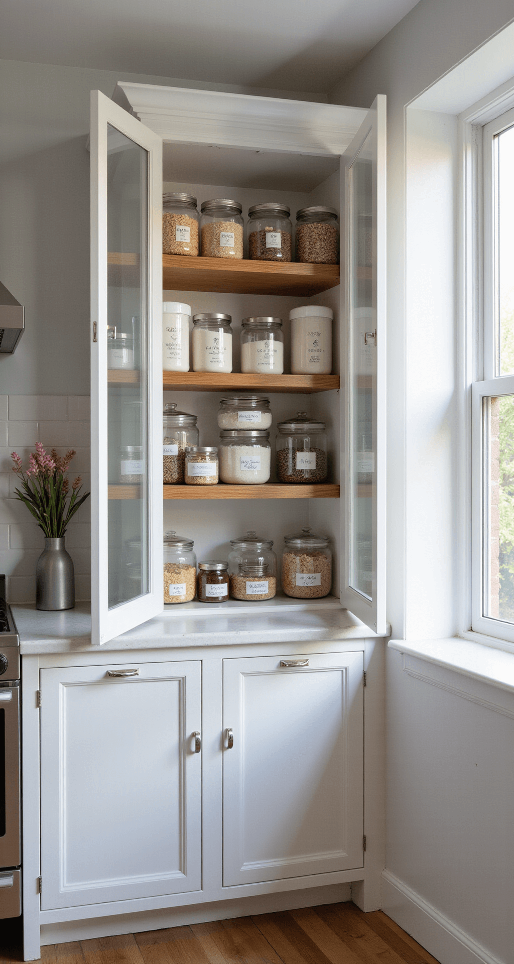 A sunlit modern kitchen featuring a pristine white cabinet with open glass doors, showcasing organized shelves filled with labeled clear containers and bamboo risers, illuminated by natural light and professional studio lighting.