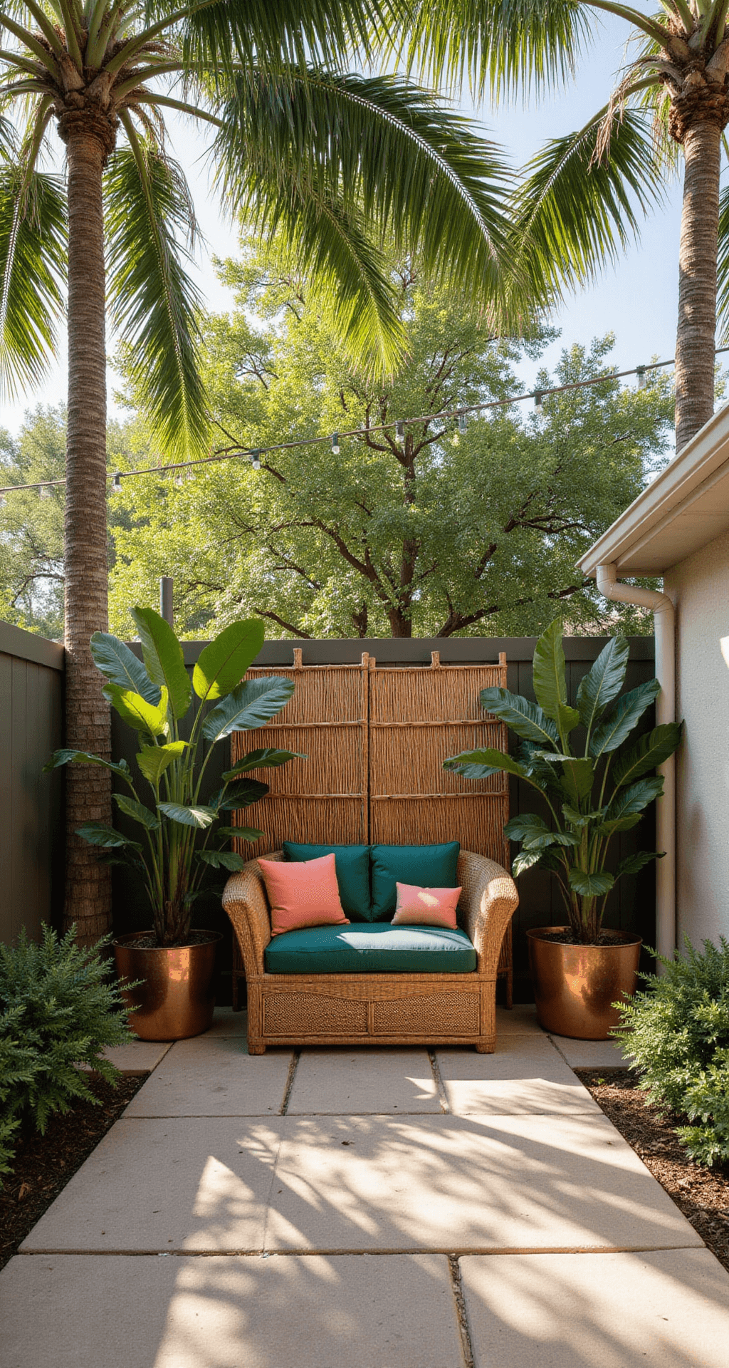 A tranquil 15x20ft courtyard at golden hour, featuring a curved rattan loveseat with vibrant emerald and coral cushions, surrounded by towering palm fronds casting intricate shadows on sandstone pavers, massive elephant ear plants, bamboo screening, tropical ferns, and copper planters with bromeliads, all illuminated by soft natural light and overhead string lights, while a small copper fountain adds a calming water sound.