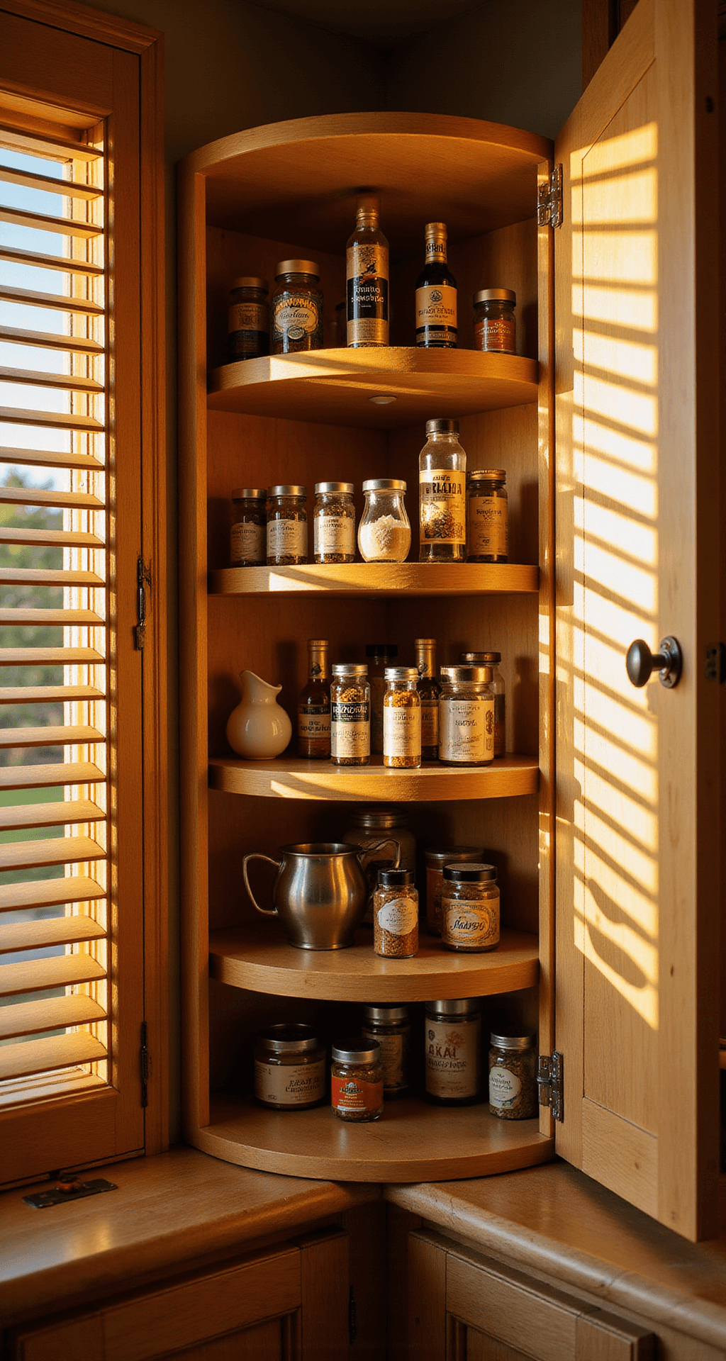 Close-up of a gourmet kitchen corner cabinet with a lazy Susan, featuring bamboo shelves displaying spice jars and cooking oils, illuminated by warm golden hour light filtering through plantation shutters.