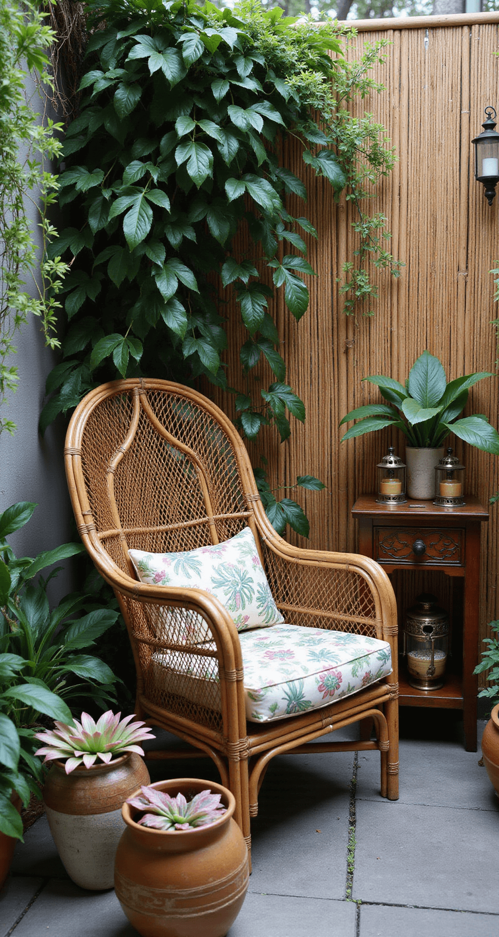 A cozy courtyard corner featuring a vintage bamboo peacock chair with monstera-print cushions, surrounded by a lush living wall of philodendrons and pothos, with ceramic pots of bromeliads and snake plants in the foreground, warm brass lanterns, and a carved wooden side table, all captured in soft mid-morning light.