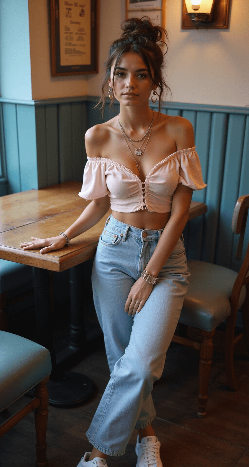 A cozy café corner adorned with vintage décor, featuring a casually dressed individual in light wash high-waisted mom jeans and a soft pink off-shoulder ruched top. The outfit is complemented by white sneakers, layered dainty necklaces, and small hoop earrings. The person's hair is styled in a messy bun with face-framing pieces. The scene is set during blue hour, illuminated by warm interior lighting, creating an intimate atmosphere.