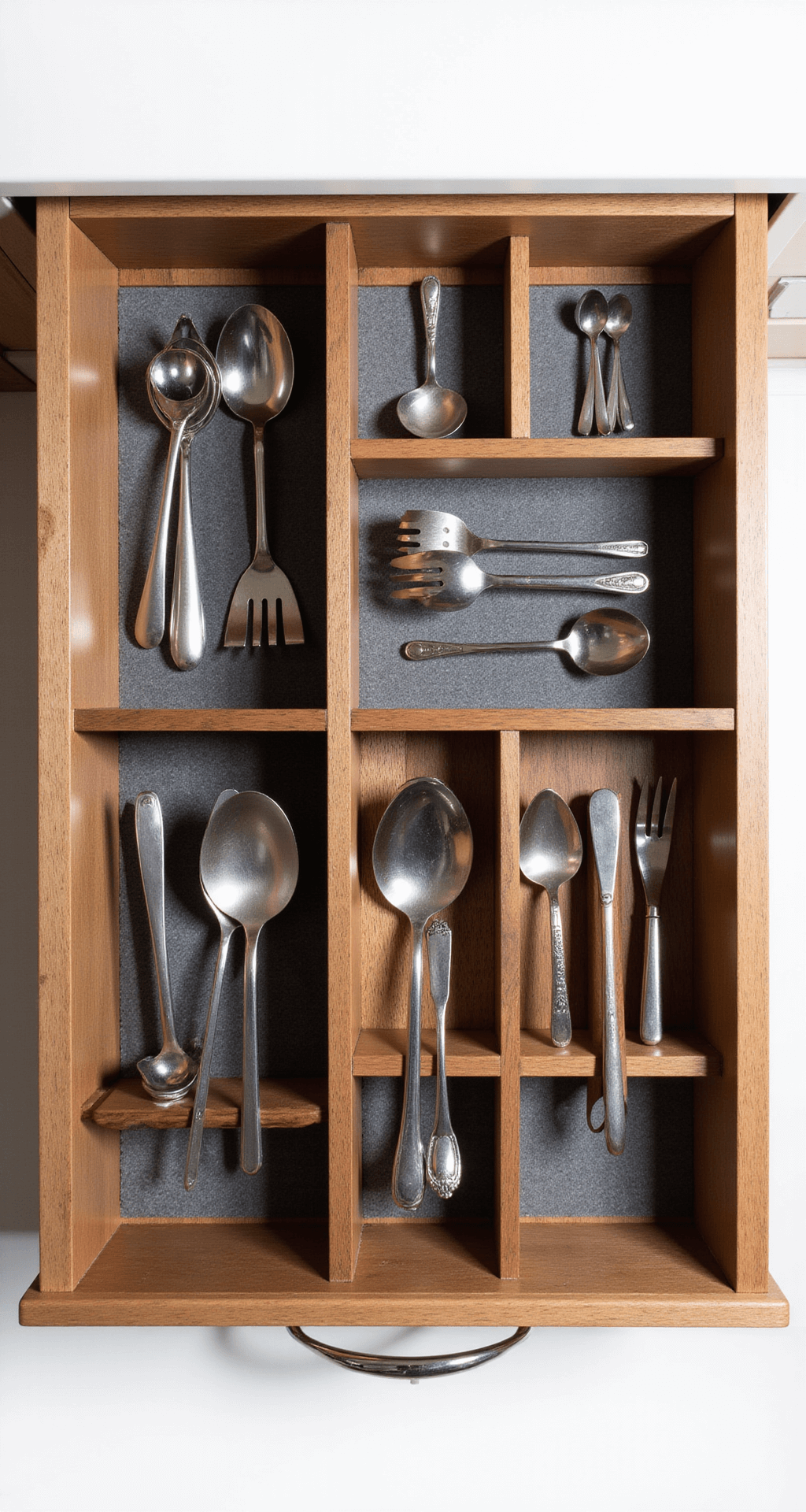 Overhead view of a neatly organized drawer featuring custom wood dividers, stainless steel utensils, and a walnut interior, illuminated by top-lighting that highlights the geometric arrangement.