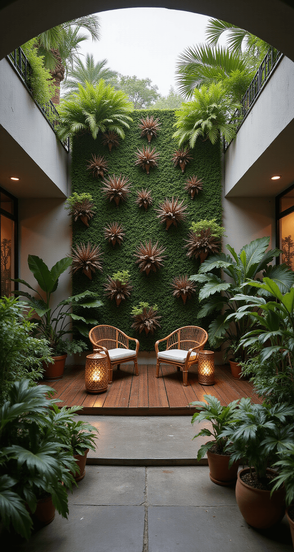Ground-level view of a dawn-lit tropical courtyard featuring a vertical garden wall with staghorn ferns and orchids, centered around a custom-built wooden deck with low-profile rattan lounge chairs, surrounded by bamboo, bird of paradise, and potted palms for privacy. Moroccan lanterns cast intricate shadows, enhanced by a cool morning mist, captured with a wide-angle lens.