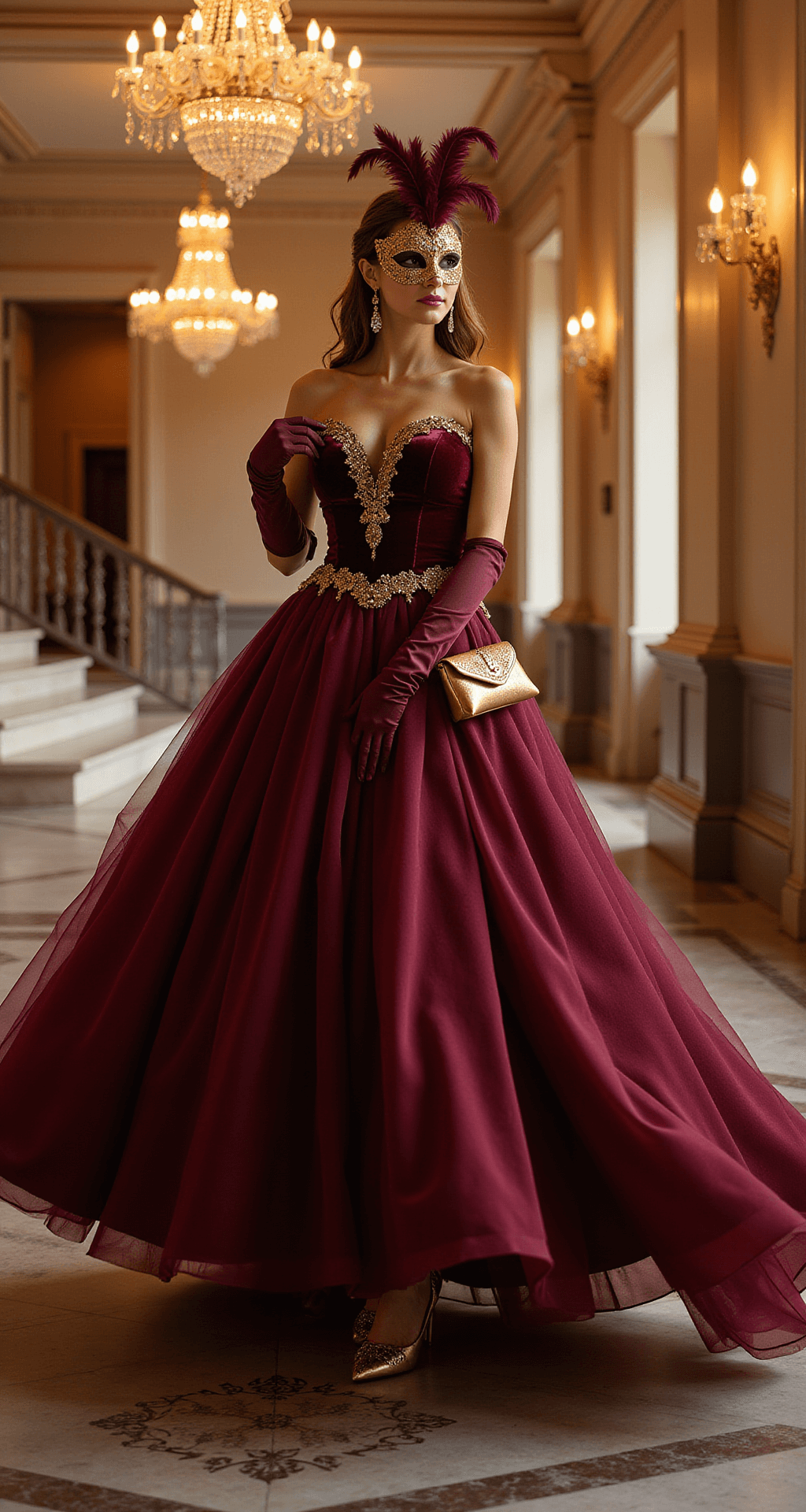 A woman in a luxurious burgundy velvet ball gown with gold embroidery poses elegantly near a grand marble staircase, illuminated by warm chandelier light. She wears a detailed venetian mask adorned with golden filigree and burgundy feathers, and her ensemble is complemented by crystal droplet earrings, long satin gloves, a small golden clutch, and strappy gold heels. The dramatic tulle skirt and fitted bodice shimmer, while the image is captured from a low angle, highlighting the gown's grandeur against a softly blurred background of crystal chandeliers.