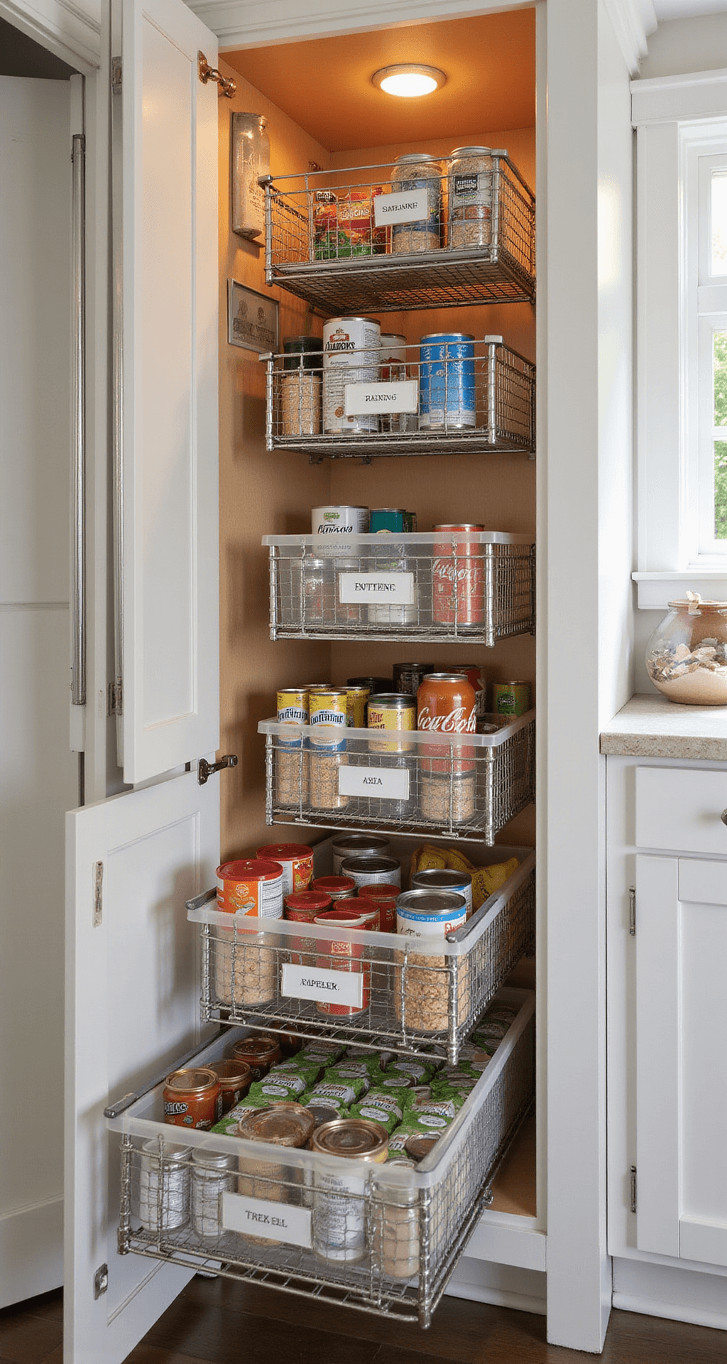 Eye-level shot of a pantry cabinet featuring chrome pull-out baskets filled with canned goods and boxed items, illuminated by LED lights against a warm white interior, showcasing organized vertical storage with labeled clear bins.