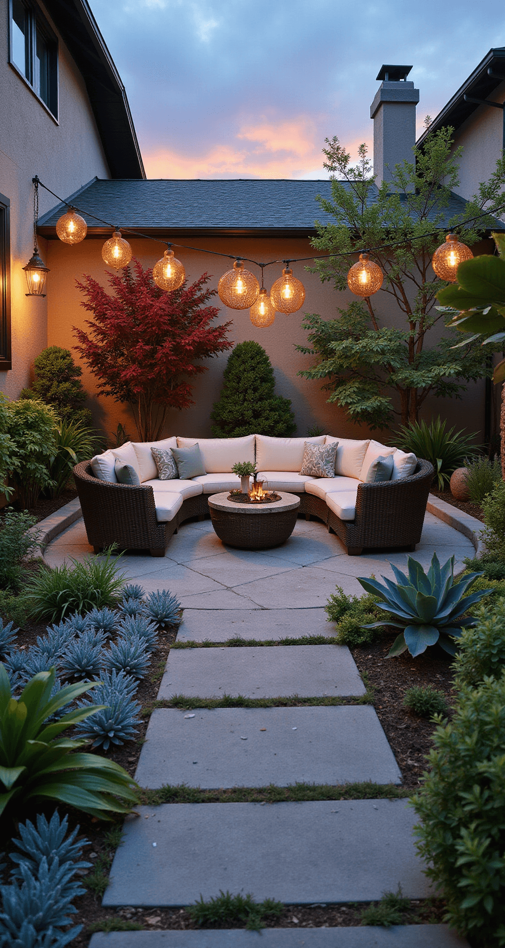 A sunset-lit courtyard featuring a circular paved seating area with a cream and sage wicker conversation set, surrounded by tropical plants including giant birds of paradise and red cordylines, complemented by silver-blue succulents. Copper wire globe pendants provide warm lighting, while a natural stone water feature adds gentle movement, all captured during blue hour.