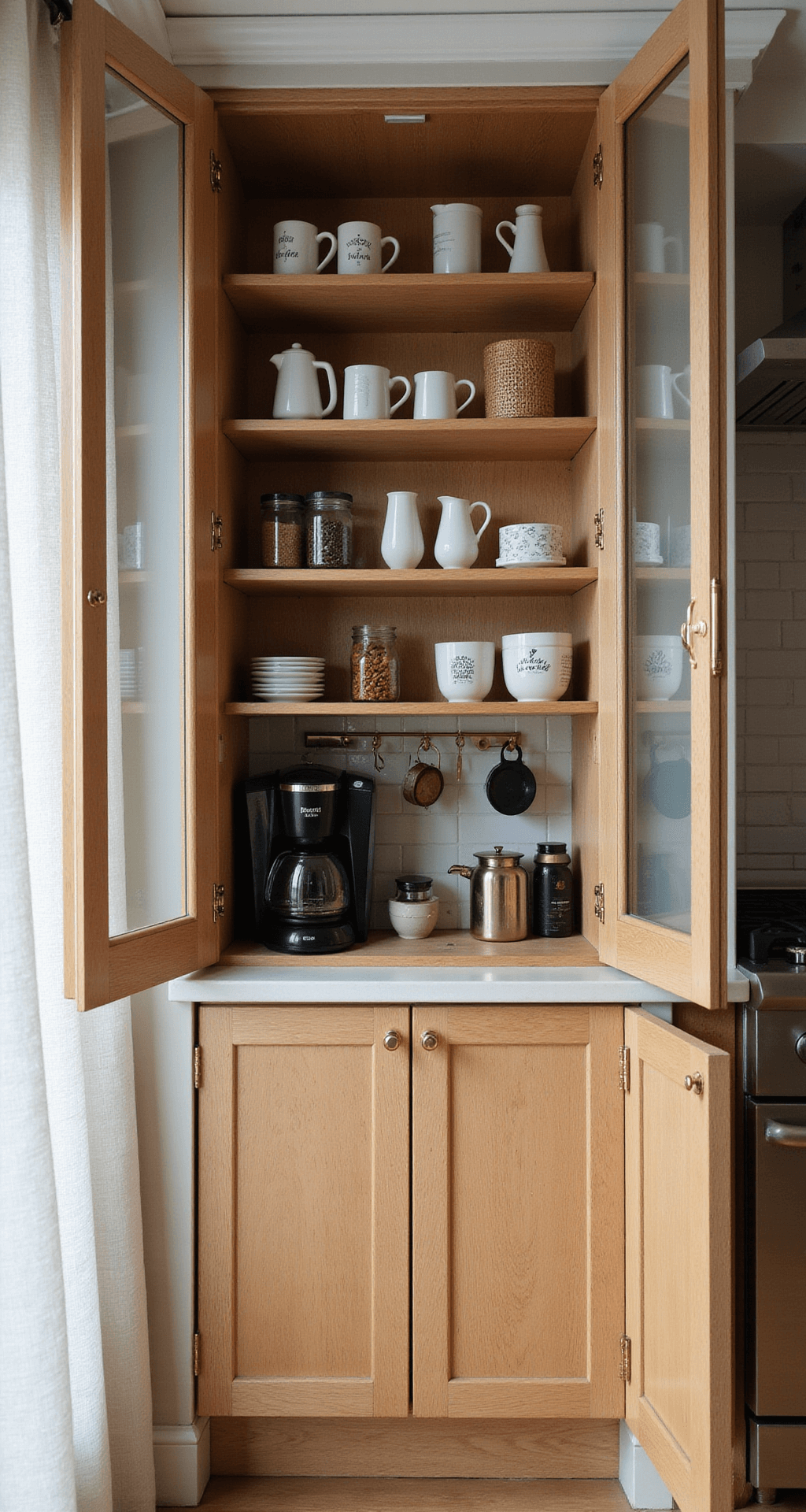 Wide-angle shot of a stylish kitchen coffee station at dawn, featuring a cabinet with glass doors displaying organized coffee mugs and brewing equipment, illuminated by morning light streaming through sheer curtains.