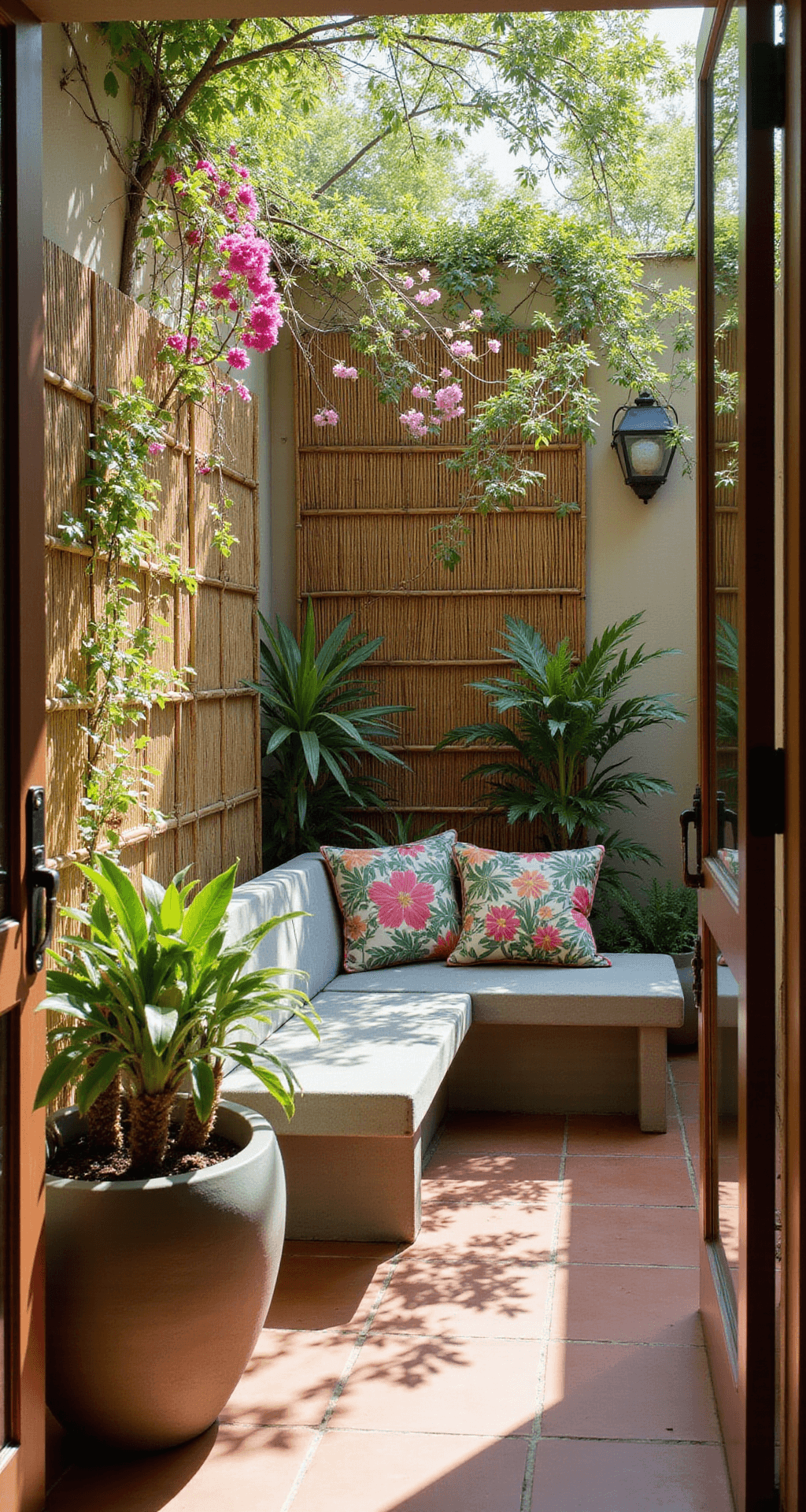 A sunlit narrow courtyard with bamboo privacy screens and flowering vines, featuring a minimalist concrete bench with tropical print cushions, flanked by planters of dwarf palms and colorful crotons. Mirrors enhance the visual space, while warm terracotta floor tiles complete the serene setting.