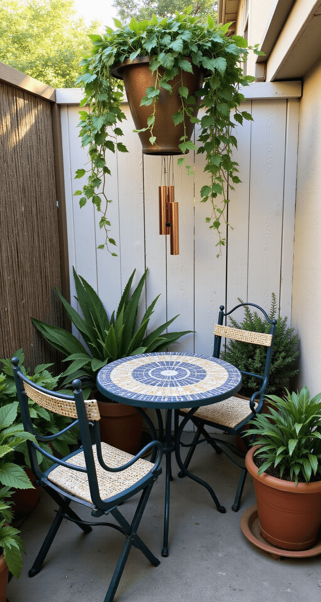 A cozy breakfast nook courtyard featuring a vintage mosaic bistro set surrounded by a lush container garden of variegated gingers, calatheas, and trailing pothos, with a hanging basket arrangement overhead and copper wind chimes adding ambiance, all framed by a whitewashed bamboo privacy screen, captured during the morning golden hour with soft lens flare at seated eye level.