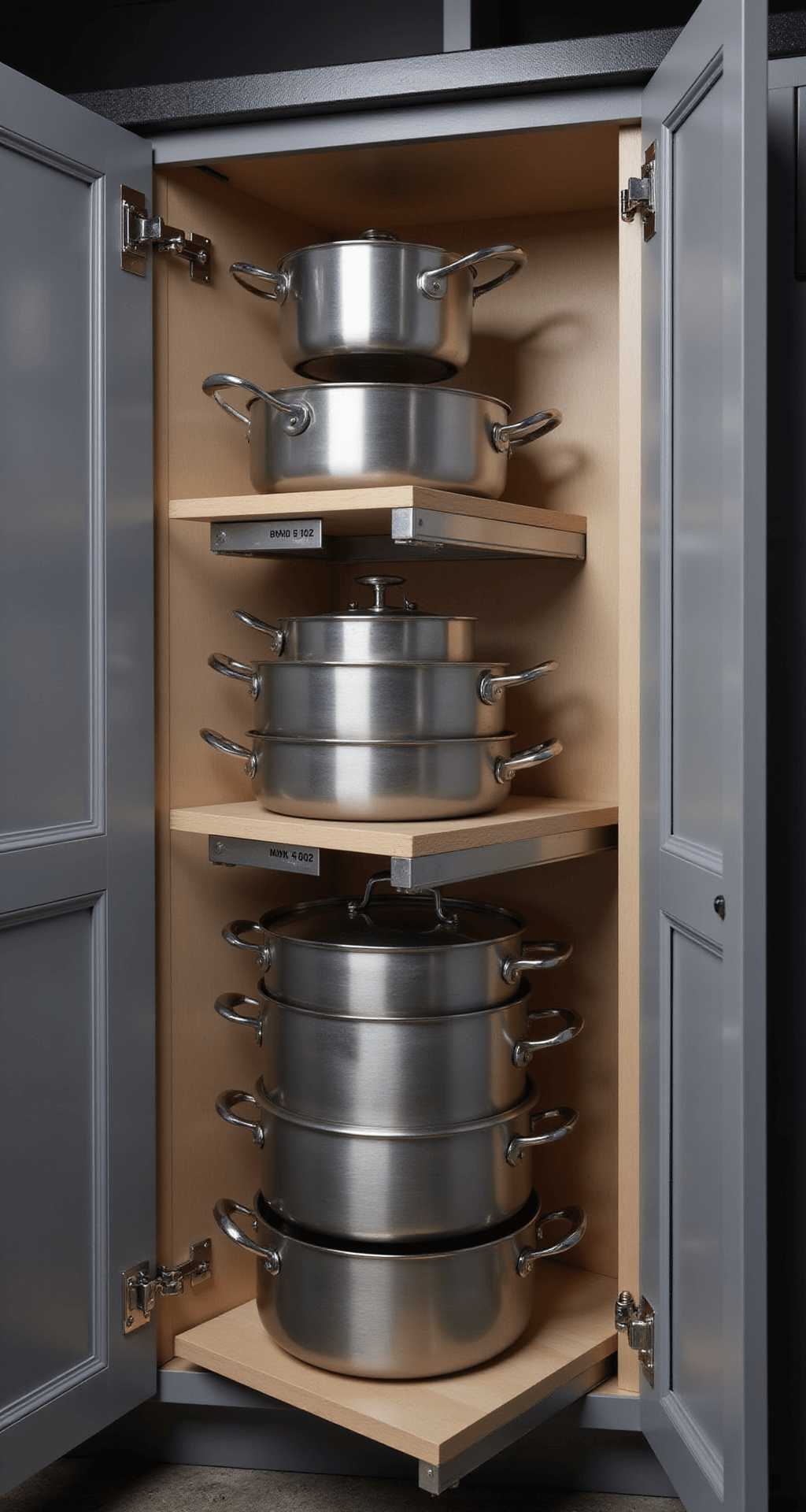 Close-up view of a modern corner cabinet's pull-out system showcasing nested stainless steel pots and pans on heavy-duty slides, with a sophisticated gray interior and dramatic side-lighting emphasizing organizational precision and varied textures.