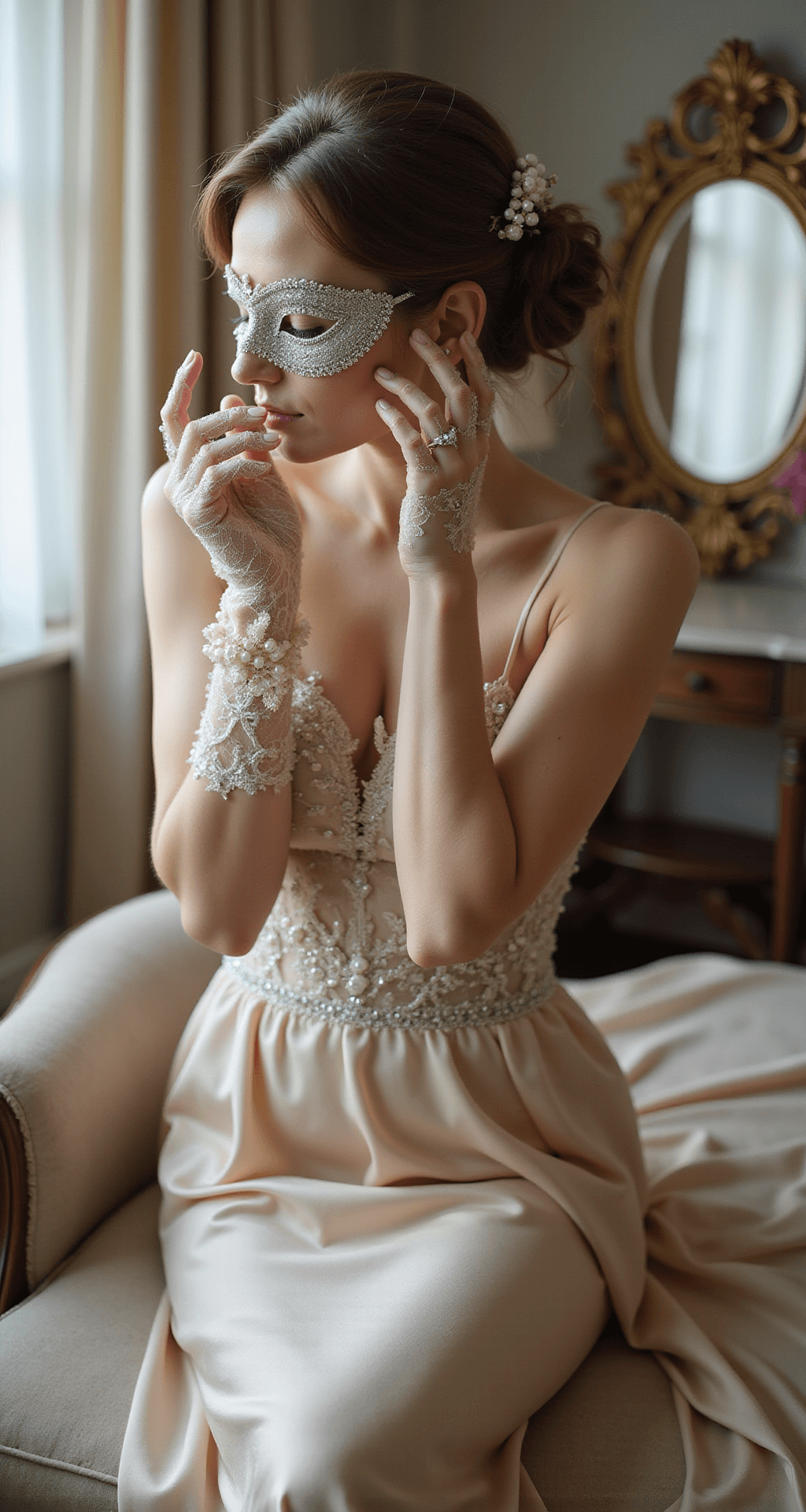 A woman in lace gloves adjusts a silver filigree mask with pearls and crystals in a vintage boudoir setting, softly lit by afternoon light, with a silk gown draped on a chaise lounge nearby.