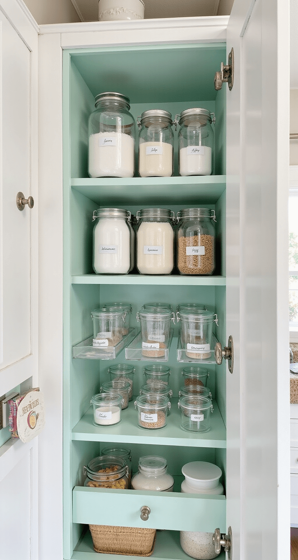 A well-organized baking cabinet featuring clear containers of flour and sugar, white shaker-style doors, mint green interior, and measuring spoon racks, all bathed in diffused natural light.