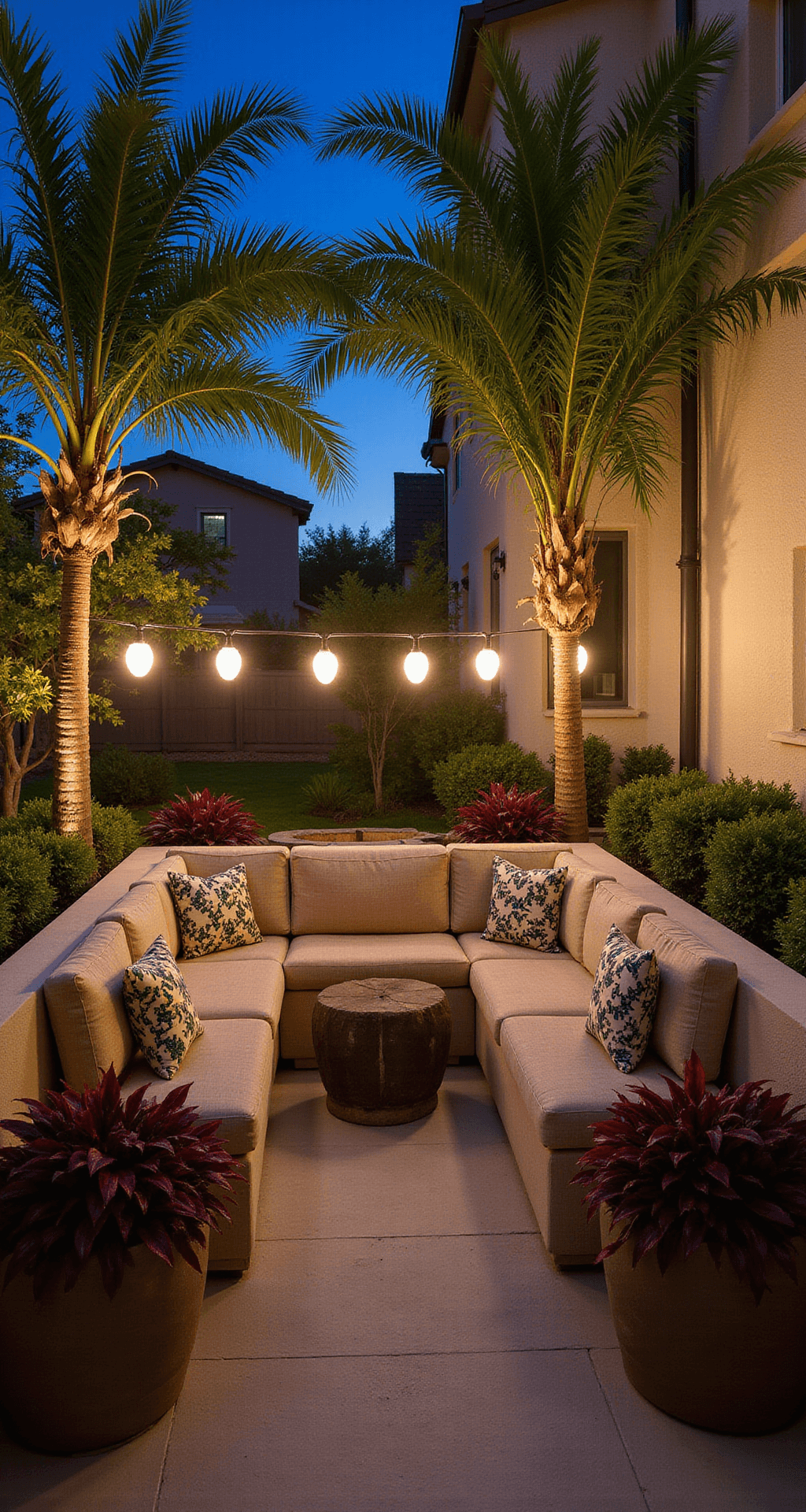 A twilight-lit courtyard with an L-shaped bench adorned with tropical print cushions, surrounded by dramatic uplighting on palm trees, vibrant container gardens with burgundy and chartreuse foliage, and ambient paper lantern string lights, featuring a small rock waterfall, captured in long exposure.