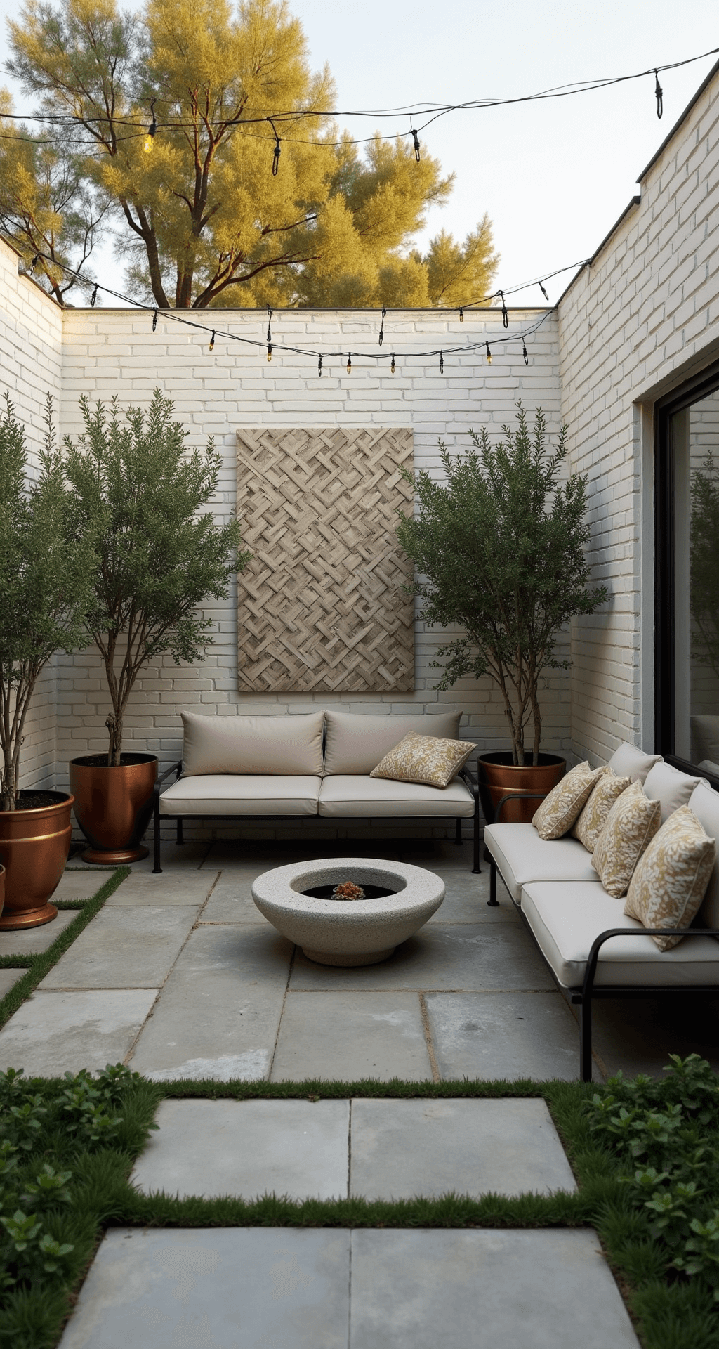 A tranquil walled courtyard garden at golden hour, featuring whitewashed brick walls, a sleek grey modular sofa with cream cushions, cascading ivy and ferns, Moroccan-style lanterns casting intricate shadows, overhead string lights, and a central stone water feature with a gentle cascade, all set on limestone pavers.