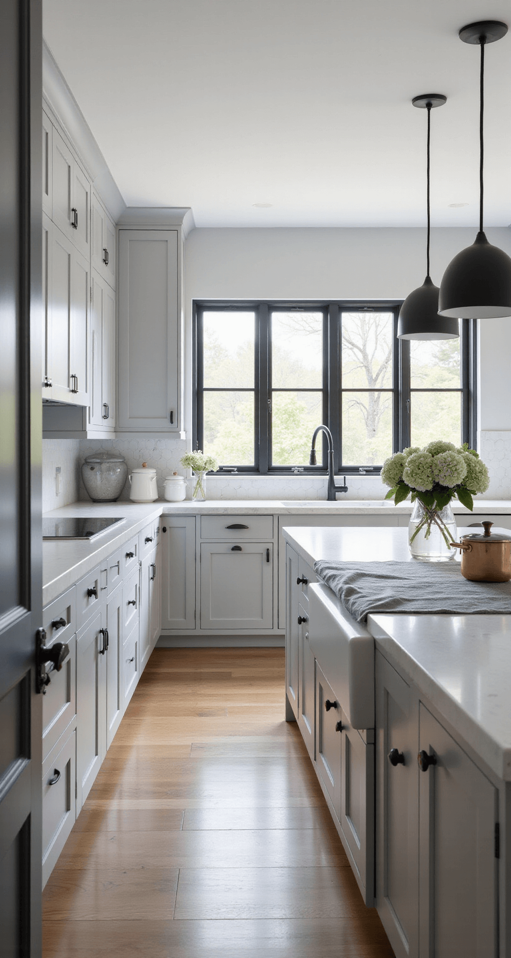 A contemporary kitchen featuring light grey shaker cabinets, a white quartz waterfall island, and marble hexagon backsplash, bathed in soft morning light from floor-to-ceiling windows. The space includes matte black hardware, vintage runner in muted blues, fresh hydrangeas in a clear vase, and natural oak flooring.