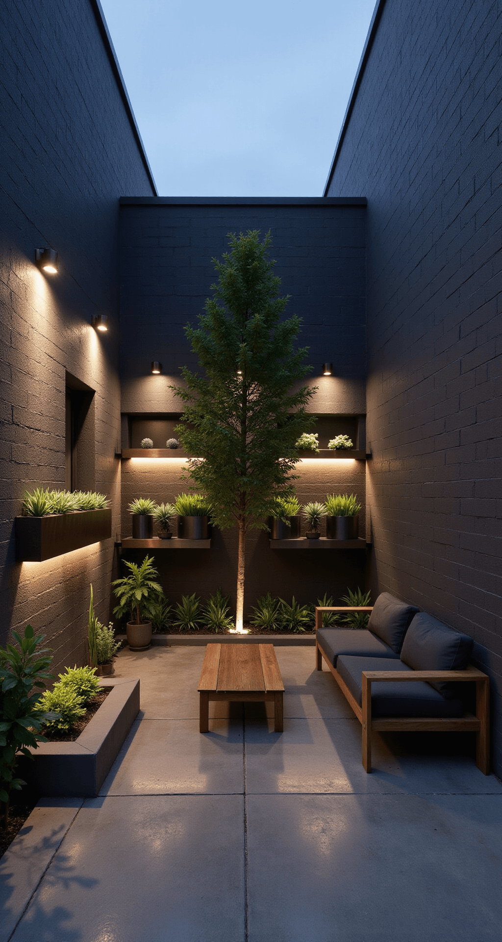 Intimate evening courtyard scene with charcoal-painted walls, minimalist design, LED strip lighting, low-profile teak furniture, and brass uplights illuminating a Japanese maple, all set on polished concrete flooring that reflects warm, moody artificial lighting.