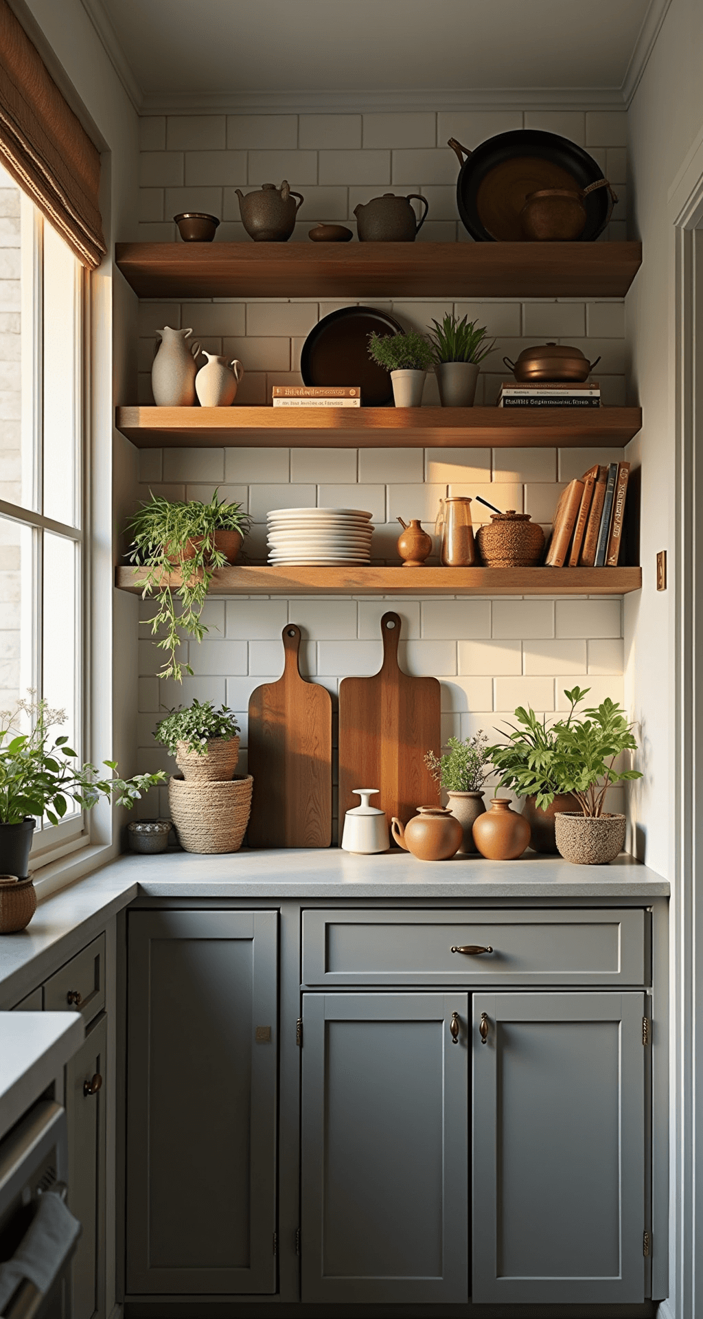 Intimate galley kitchen with medium grey flat-panel cabinets and brass accents during golden hour, featuring white subway tiles, open shelving with artisanal pottery, concrete countertops, and earthy-toned linens, captured at a 45° angle.