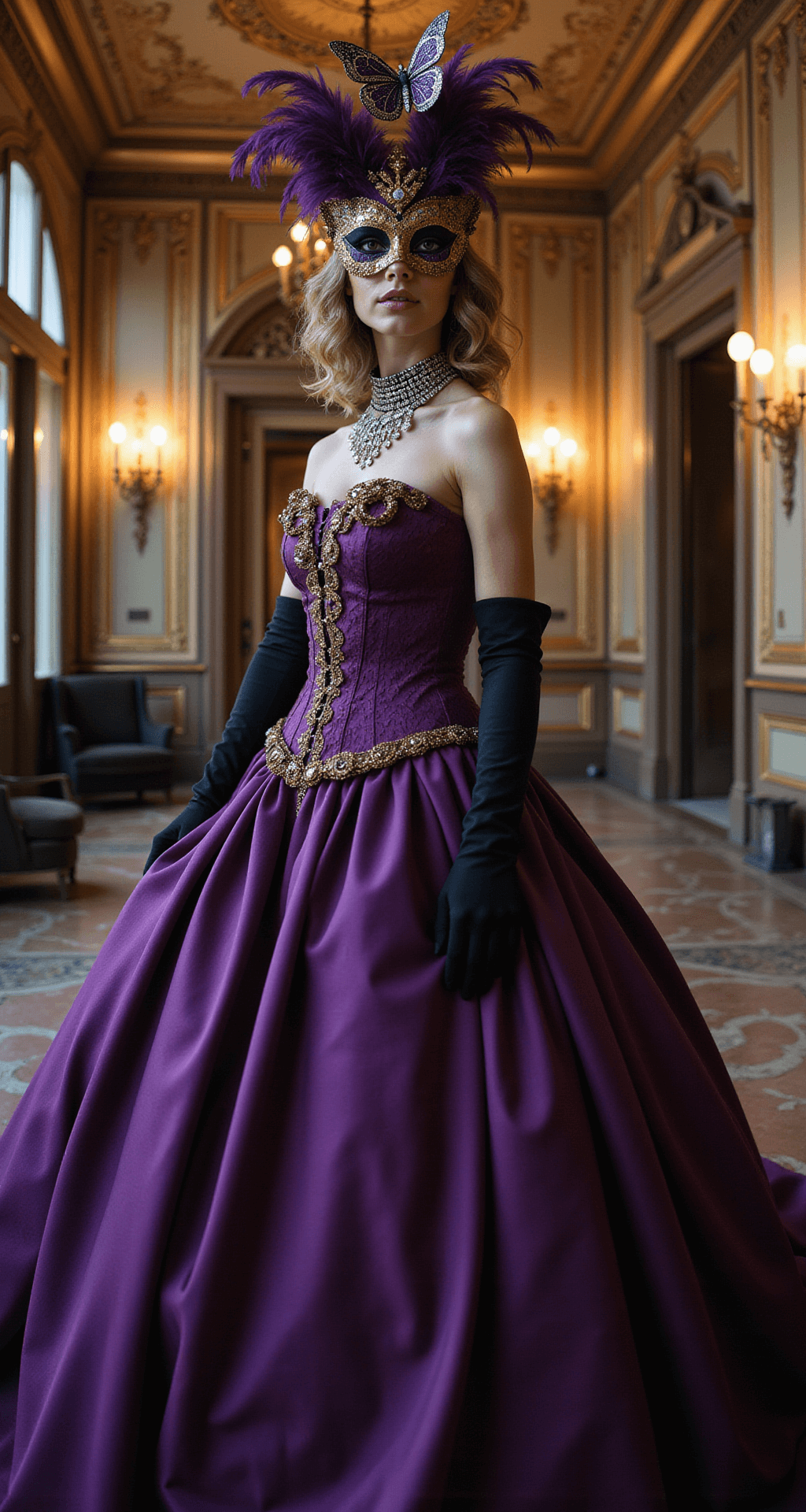 A model in a deep purple ball gown poses in a historic theater foyer, adorned with ornate gold leaf details, during blue hour. She wears a butterfly motif mask with hanging crystals, opera-length black gloves, and a vintage-inspired diamond collar necklace, captured in a wide-angle shot that highlights the theatrical ambiance and architectural features.