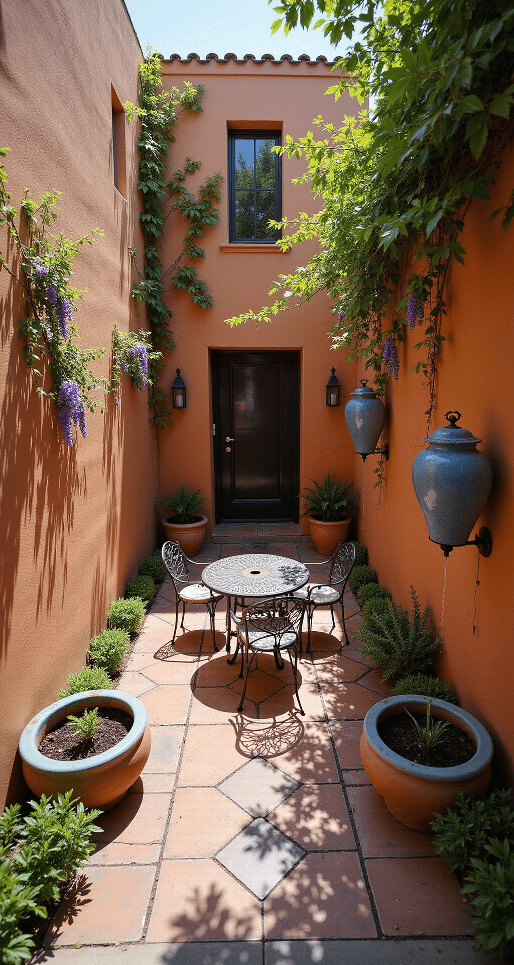 A sun-drenched courtyard featuring terra cotta walls, espaliered citrus trees, and climbing jasmine, with a vintage wrought iron bistro set on geometric ceramic tiles, copper rain chains leading to water plant-filled basins, and Mediterranean-inspired decor, all captured in warm mid-morning light.