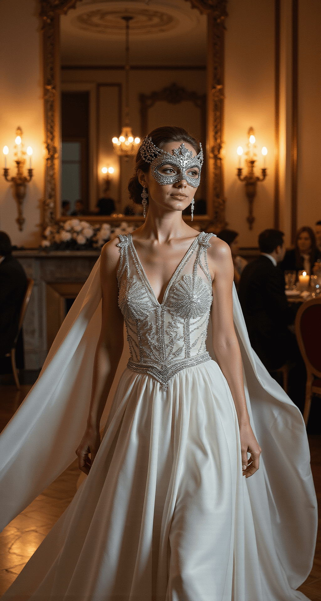 A woman in a white and silver ombré gown with a crystal-encrusted bodice and flowing silk chiffon skirt moves gracefully in a candlelit grand ballroom, her laser-cut metal mask adorned with moonstone accents and silver chains. Crystal-studded hair accessories shimmer in the flickering light, and a dramatic cathedral-length cape billows behind her. Mirrored walls reflect the ethereal beauty of the scene.