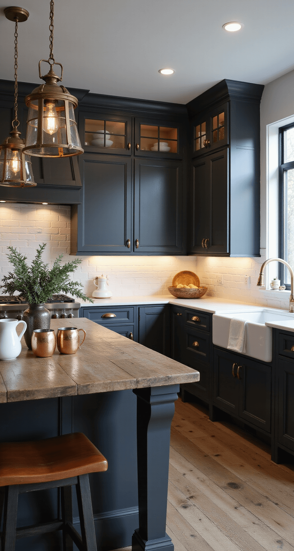 Modern farmhouse kitchen with charcoal grey raised-panel cabinets, tall ceilings, white marble countertops, and an apron sink, featuring antique brass lanterns, a reclaimed wood island with leather barstools, and decorative elements like copper mugs and fresh eucalyptus, all bathed in a warm, moody dusk light.