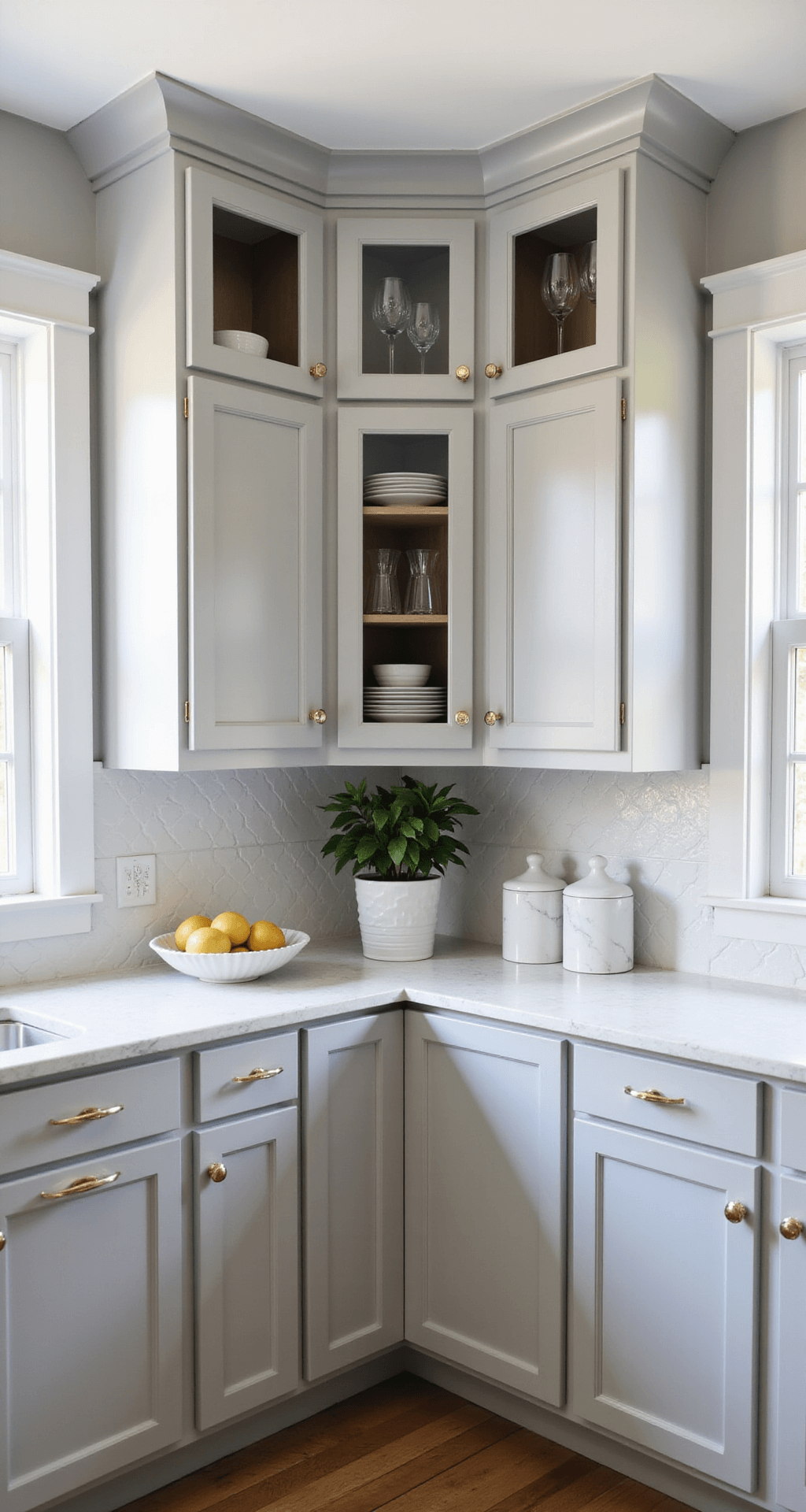 Bright corner kitchen with two-tone grey cabinets, champagne gold hardware, white hexagon backsplash, and glass-front upper cabinets displaying stemware, styled with ceramic canisters, marble fruit bowl, and a potted fiddle leaf fig, captured mid-morning from an elevated angle.
