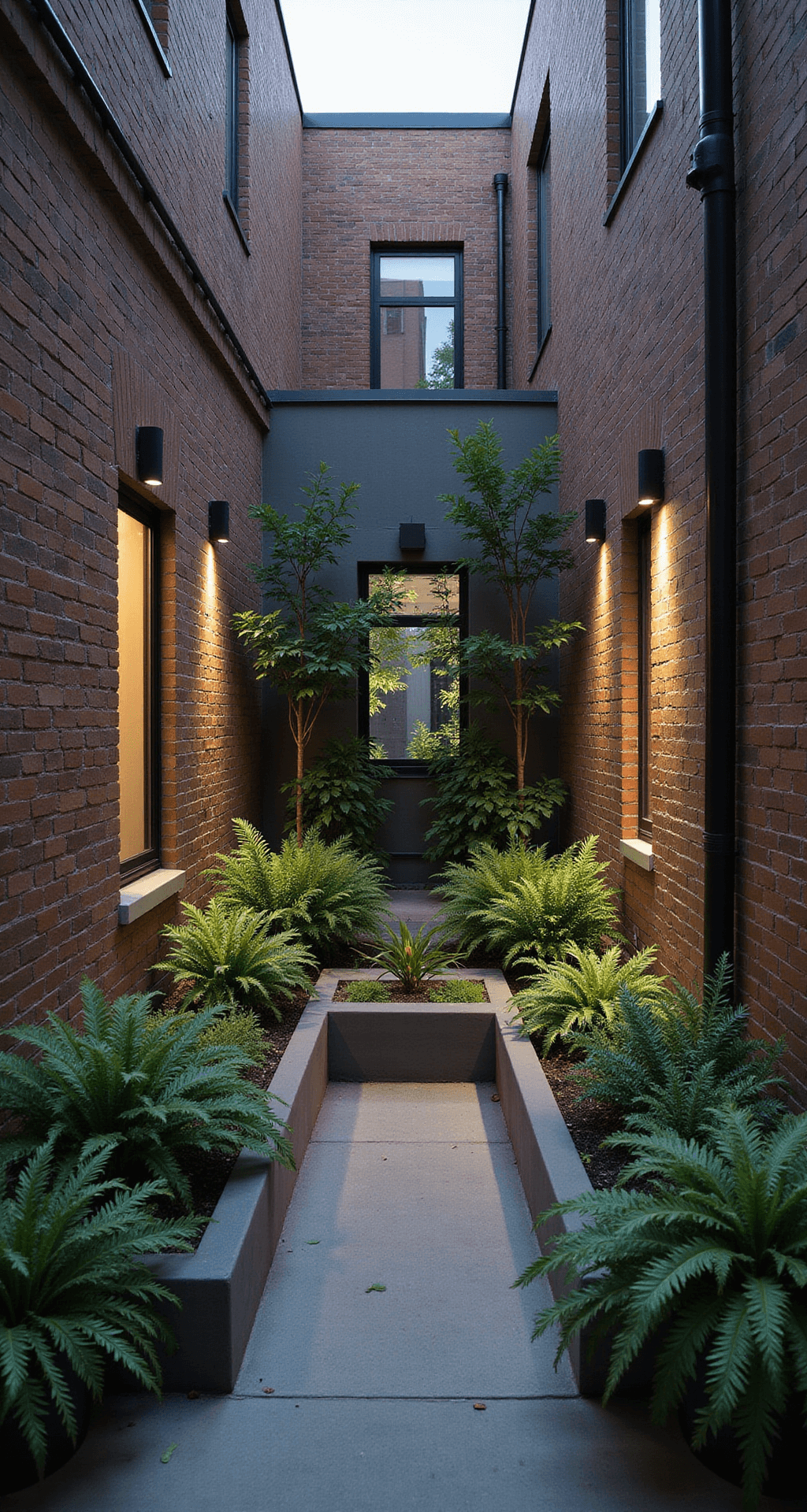 Cozy urban courtyard at dusk, showcasing industrial brick walls adorned with lush ferns and hostas, a contemporary concrete bench with planters, an oversized mirror for depth, subtle greens and greys, and dramatic uplighting enhancing architectural plants, with a long exposure capturing the ambient lighting and reflections in the water feature.