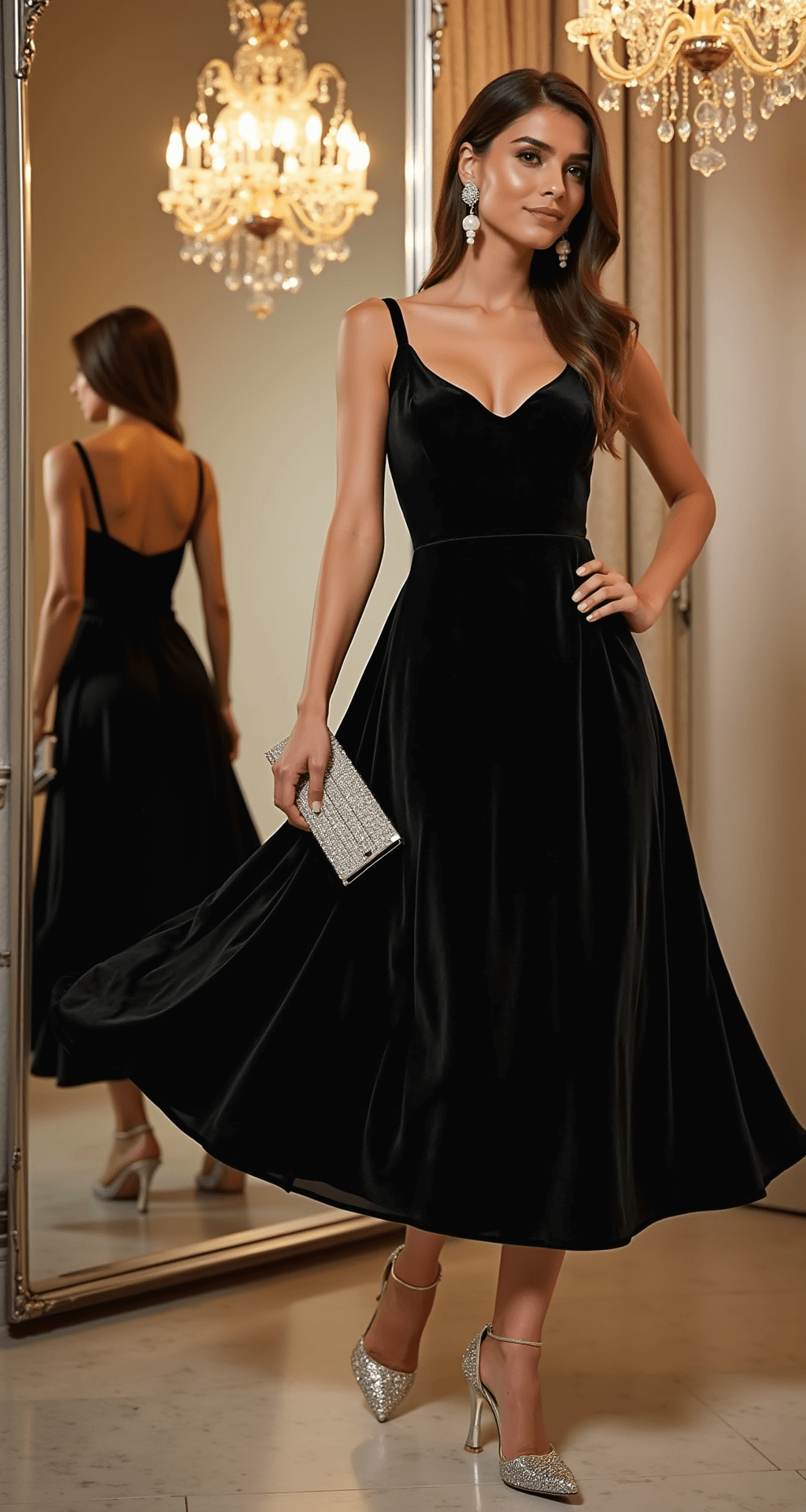 A woman in a black velvet midi dress stands in an elegant boutique dressing room, illuminated by a vintage crystal chandelier. Her pearl drop earrings catch the light, while metallic silver stilettos and a small crystal-embellished clutch complete her look. A full-length mirror reflects her flowing dress, with soft shadows created by professional studio lighting.