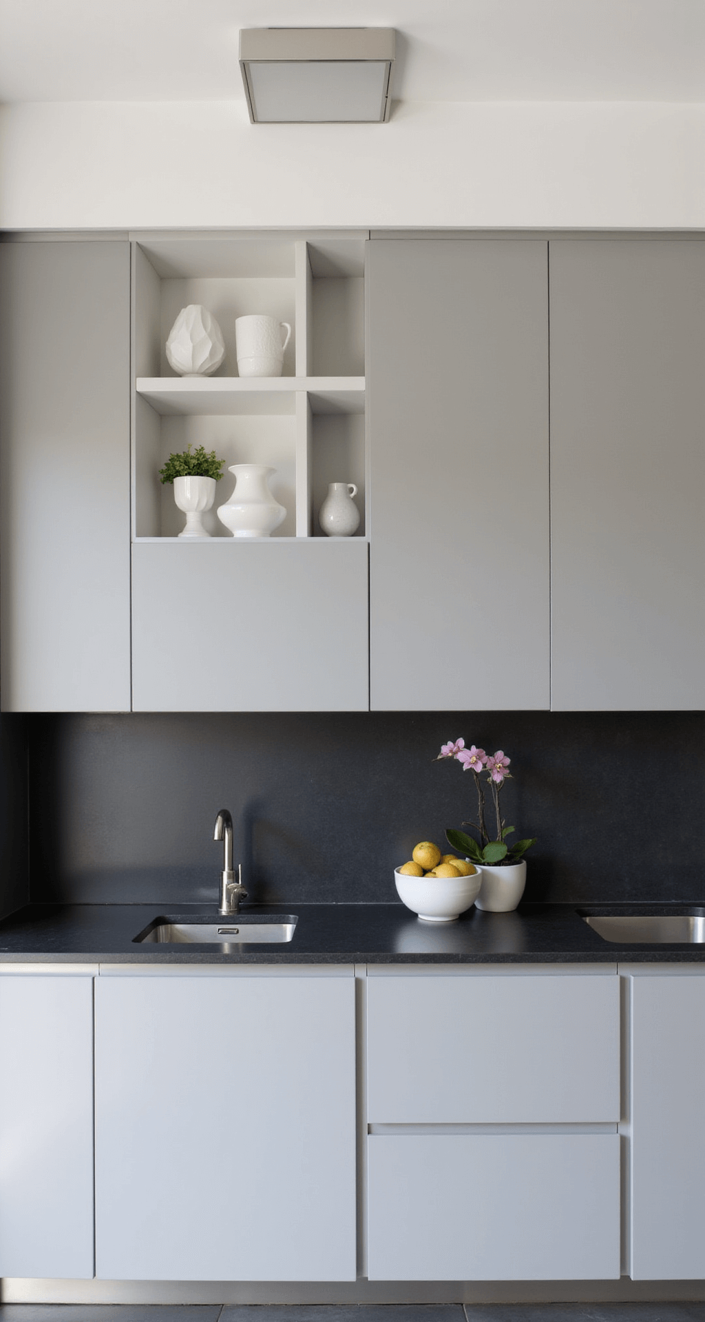 Minimalist studio kitchen featuring sleek light grey handleless cabinets and black stone countertops, accented by monochrome geometric pottery on floating shelves, a single orchid plant, and a structured fruit arrangement, all softly illuminated by even soft box lighting.