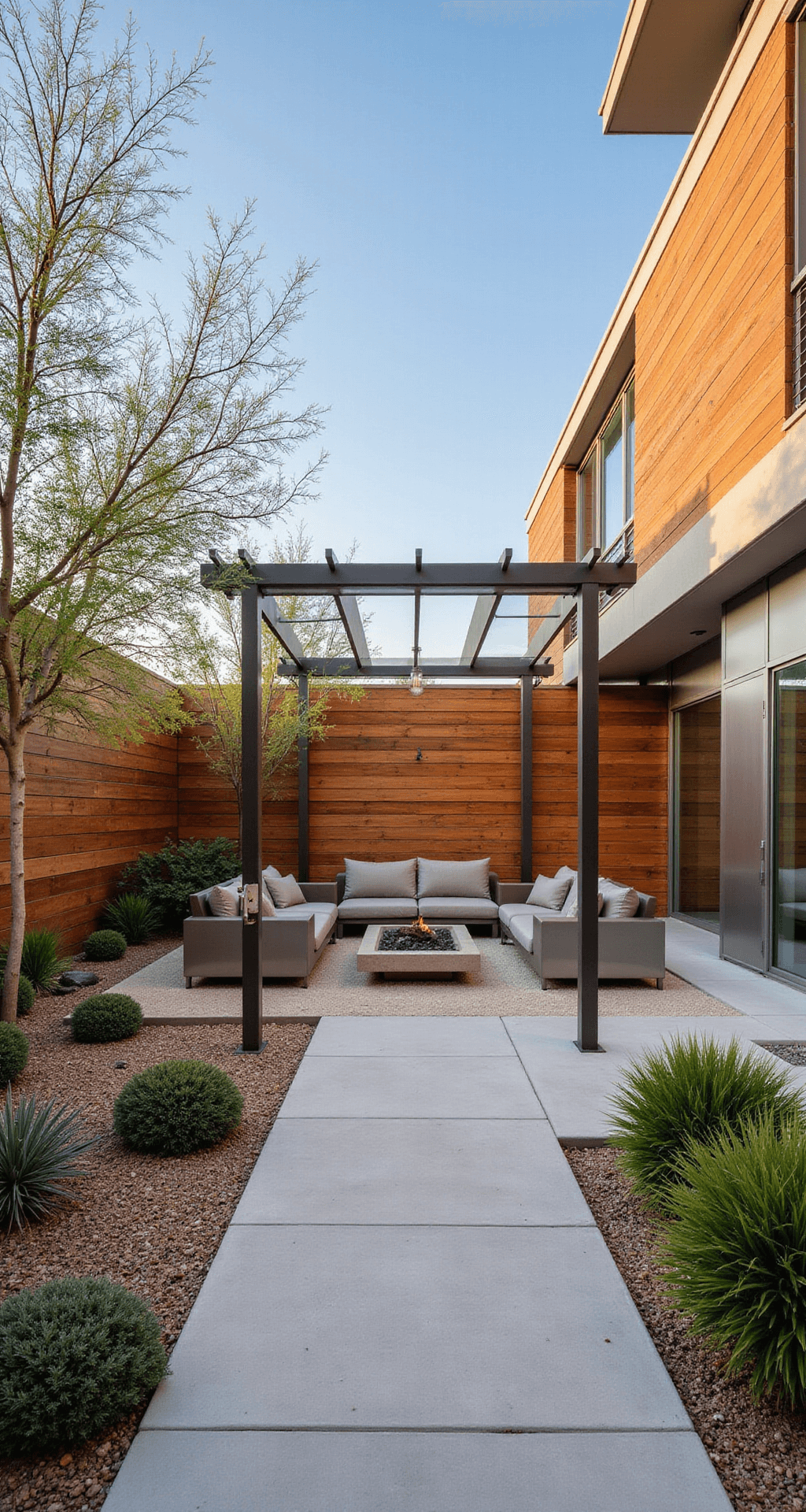 A modern 16x16ft courtyard oasis featuring horizontal cedar slat walls, sculptural desert plantings, a central conversation pit with built-in seating and fire feature, and mixed materials like brushed steel planters and bleached concrete pavers. A transparent pergola casts dappled light, highlighting crisp shadows and organic accents in the early morning setting.