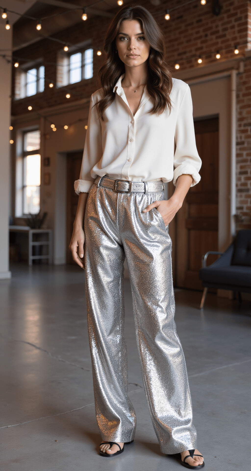 A model poses in a contemporary loft with exposed brick, wearing high-waisted silver sequin pants and an ivory silk blouse. Soft bokeh from string lights enhances the scene, while industrial-style windows provide natural backlight that highlights the texture of the sequins. The shot is taken from a three-quarter angle, capturing the movement of the outfit under a mixed lighting setup with soft fill light.