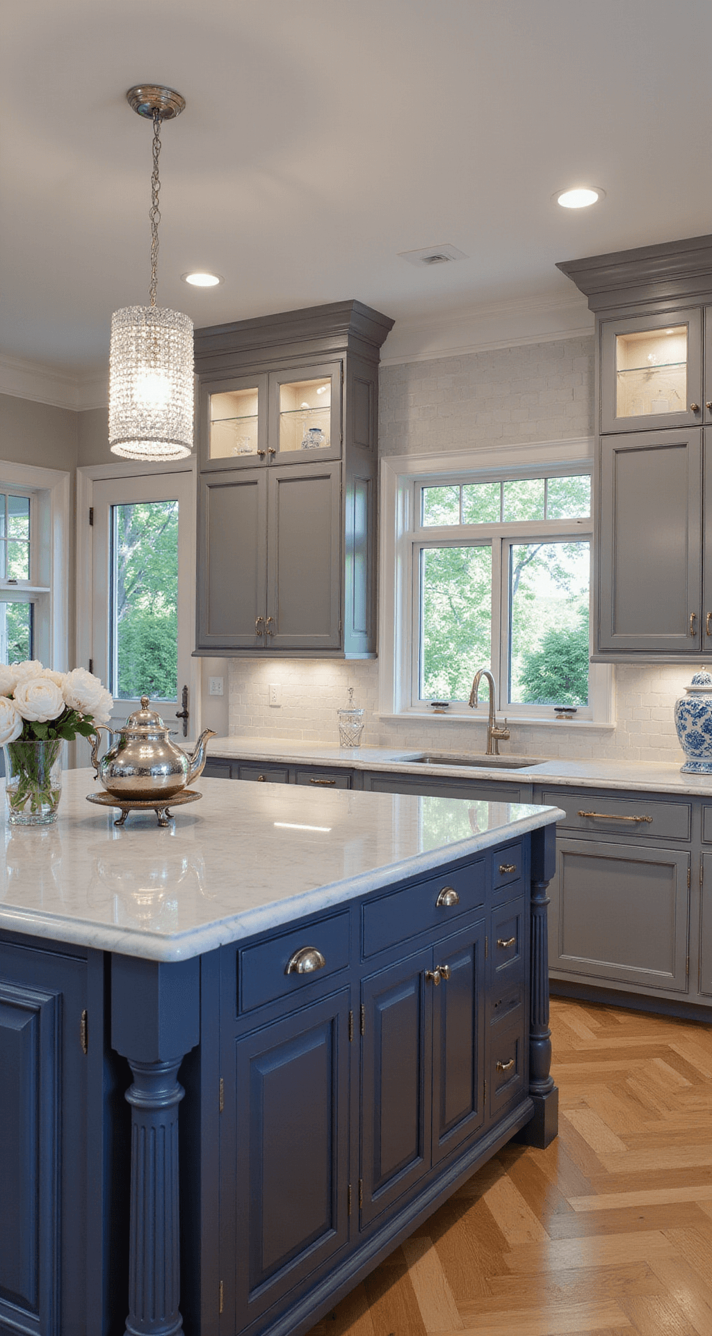 Traditional kitchen featuring medium grey beaded inset cabinets, Calacatta marble counters, polished nickel hardware, and a crystal chandelier over the island. The space is styled with a silver tea service, blue and white chinoiserie, and fresh peonies, all set against herringbone wood floors. The blue hour lighting enhances architectural details and creates an intimate atmosphere.