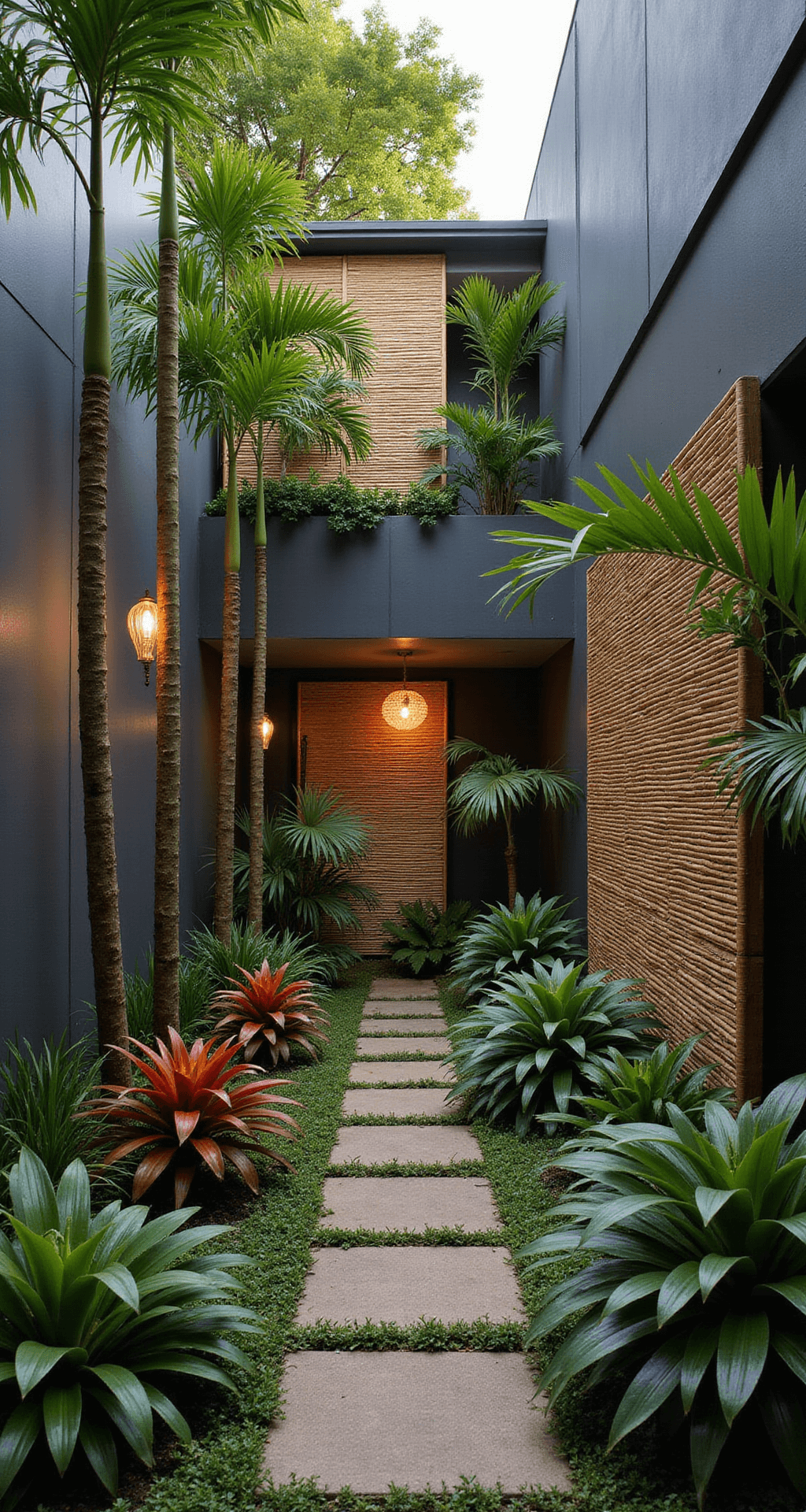 A lush tropical courtyard featuring dark grey walls and vibrant emerald foliage, with multi-stem palm trees, colorful bromeliads, a bamboo screen, rattan pendant lights, and natural stone stepping paths illuminated by warm afternoon light.