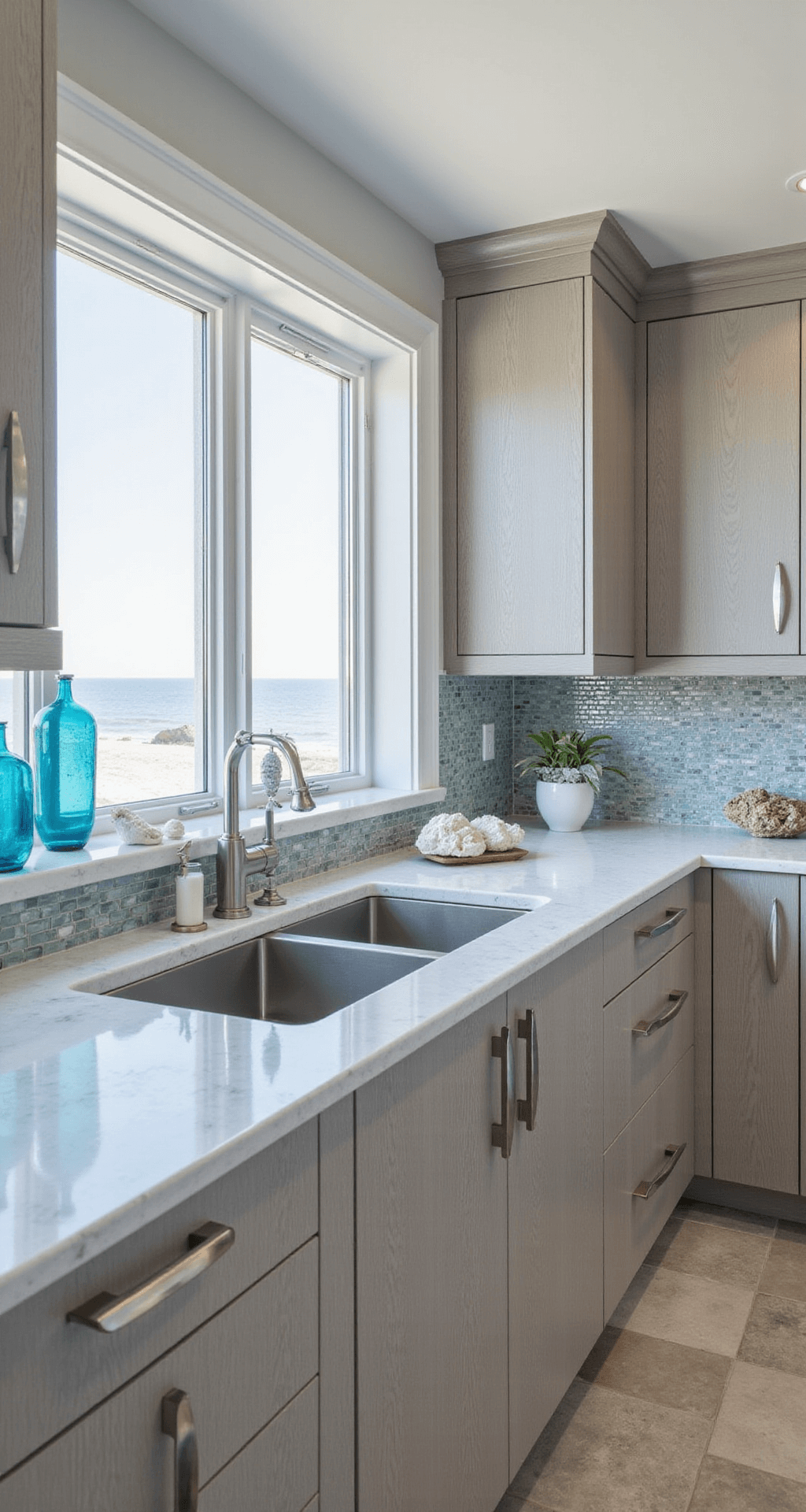 A contemporary coastal kitchen features pale grey slab cabinets with vertical grain, white quartzite counters, and a glass mosaic backsplash, all illuminated by natural light. The spacious layout offers an ocean view, with brushed steel hardware, blue glass vases, driftwood accessories, and white coral specimens adding decorative touches. Limestone flooring enhances the texture of the space.