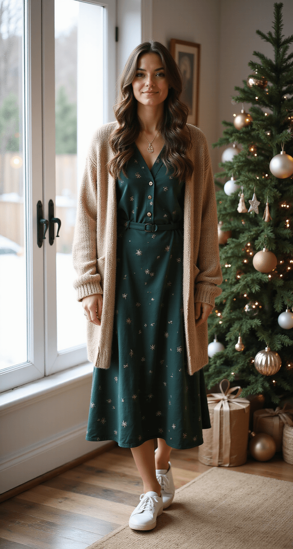 A woman in a forest green midi dress and oversized oatmeal cardigan stands in a cozy home setting adorned with festive decorations, basking in morning light. She wears white leather sneakers and a delicate gold pendant necklace, embodying a relaxed holiday atmosphere.