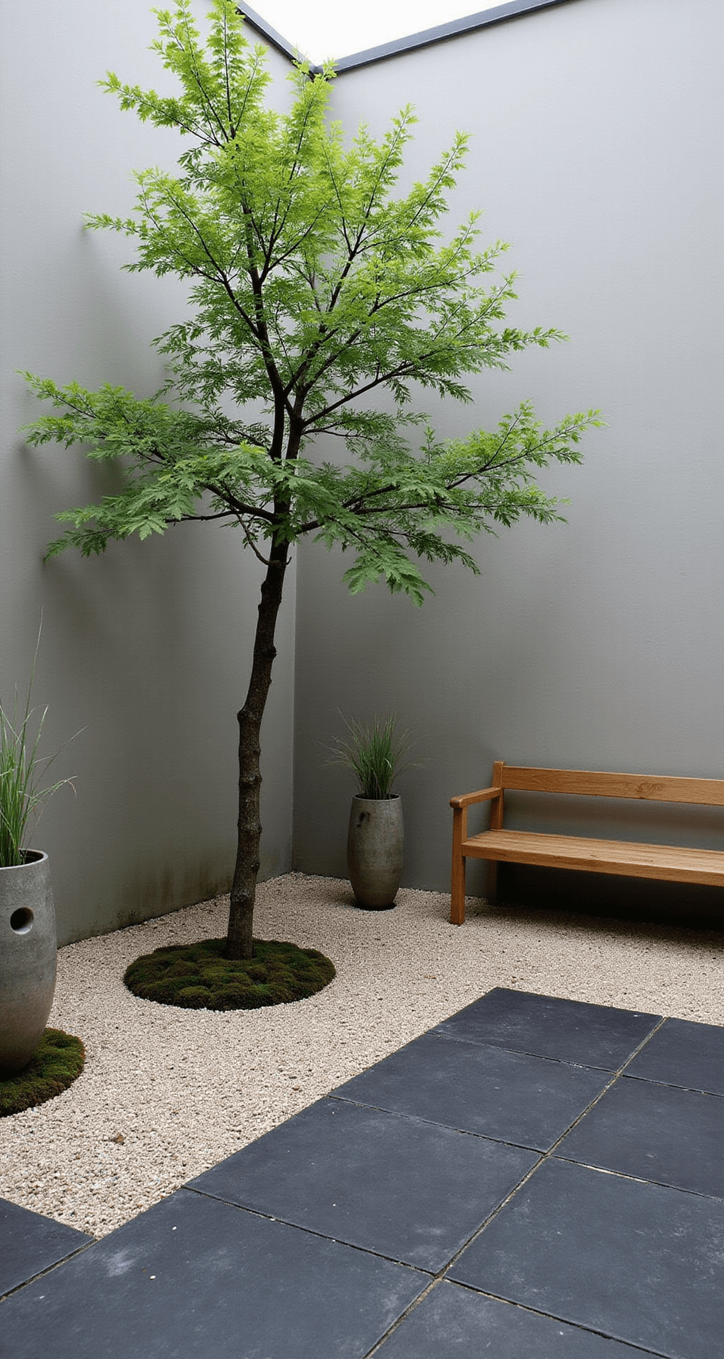 A serene Zen-inspired courtyard featuring a traditional Japanese maple, black slate paving, pale gravel areas, and moss gardens, with a simple wooden bench for meditation, ceramic vessels with grasses, and stone lanterns, all captured in early morning mist.