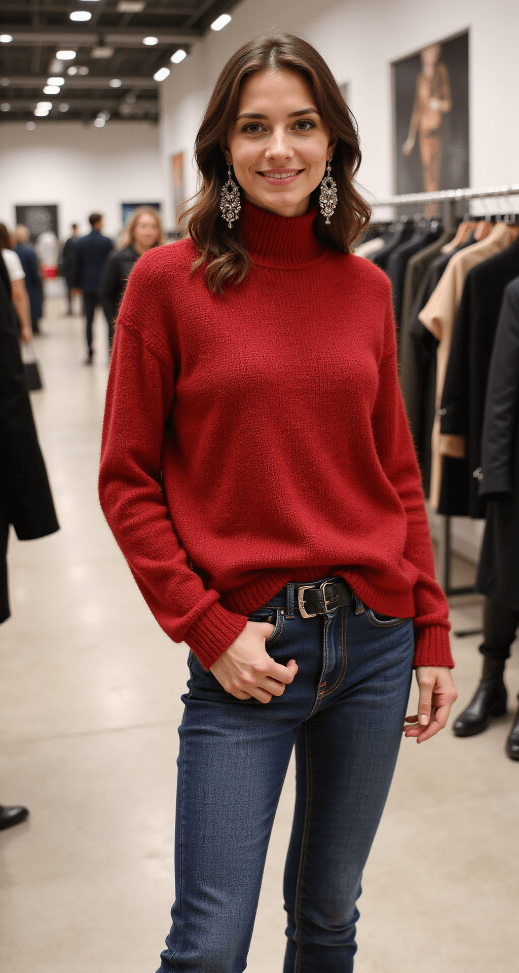 A model showcases a stylish outfit in a high-end department store, featuring a red H&M sweater layered over designer jeans, complemented by Target statement earrings and mid-range leather boots, all under professional lighting that emphasizes creative layering techniques in an editorial style.