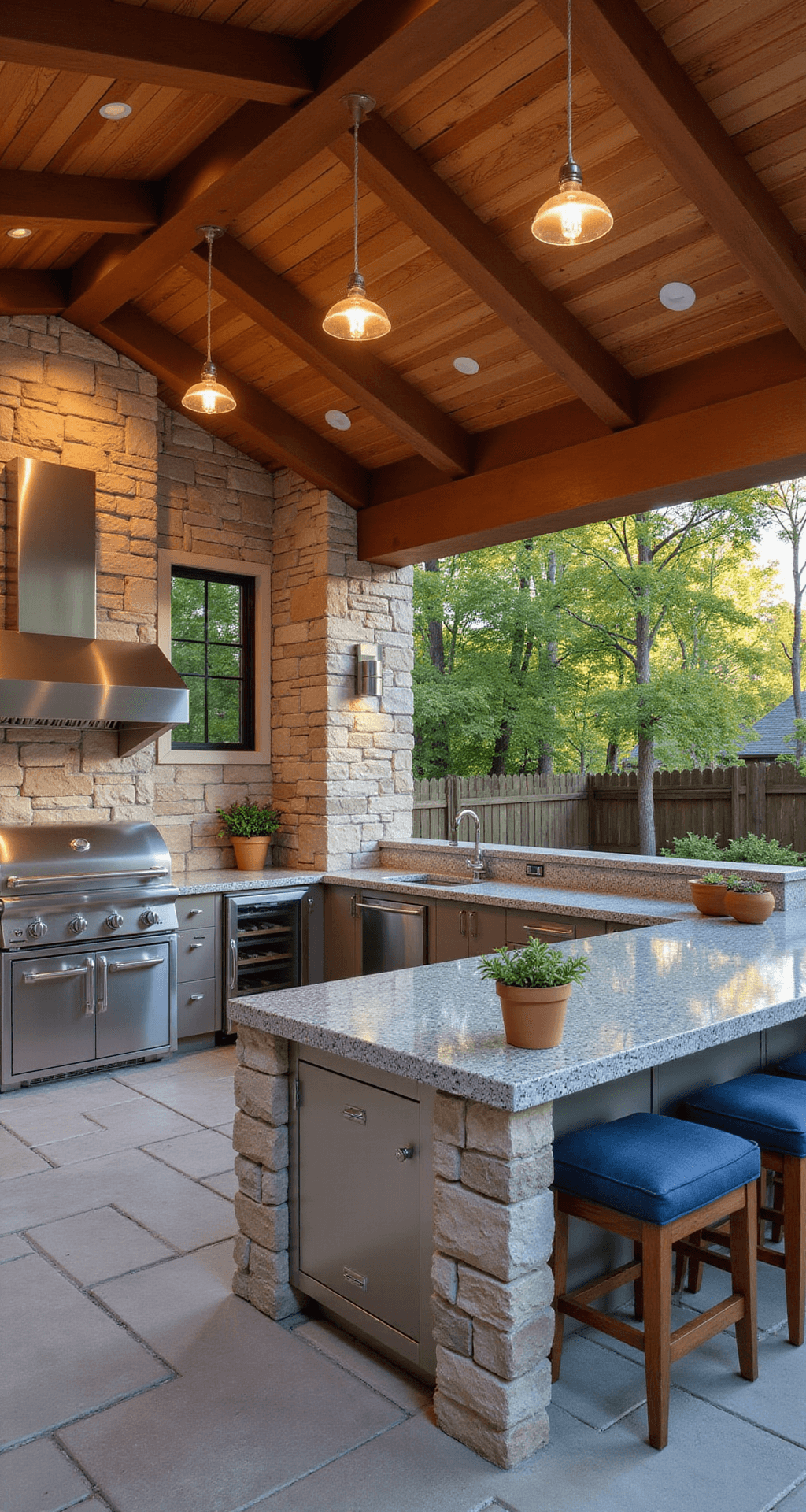 A luxurious L-shaped outdoor kitchen featuring a 48-inch stainless steel grill, granite countertops in 'Shadow Storm' gray, and natural stone veneer walls, all under a cedar pergola. The space is illuminated by modern pendant lights, showcasing a stainless steel wine fridge and pizza oven. An island with a waterfall edge and bar seating is adorned with brushed nickel hardware and blue-gray cushions, while terracotta planters with herbs add a hint of greenery, all captured at golden hour.