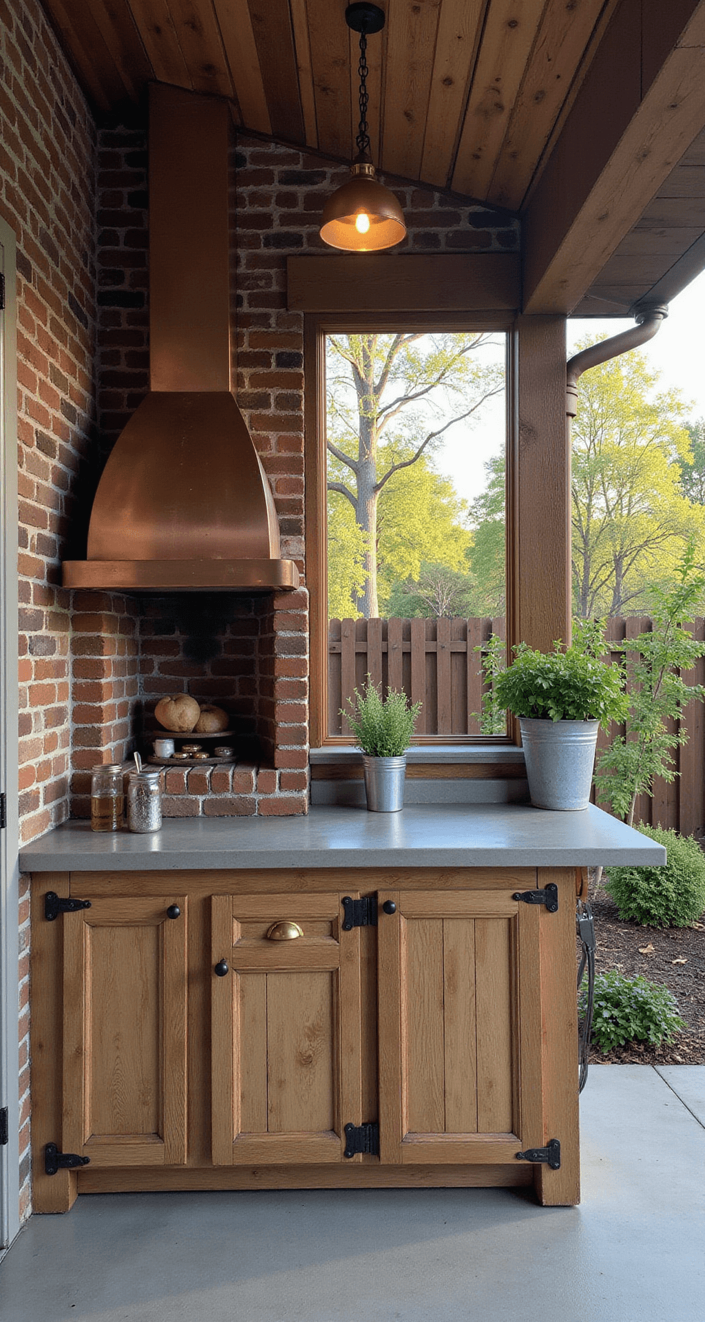 An intimate rustic farmhouse outdoor kitchen nook featuring reclaimed barn wood cabinets, polished concrete countertops, and a vintage copper pendant light. The focal point is a red brick pizza oven with a weathered copper hood, complemented by galvanized metal accents, a mason jar herb garden, and rich earth tones with sage green pops. Wrought iron hardware and farmhouse accessories enhance the cozy atmosphere.