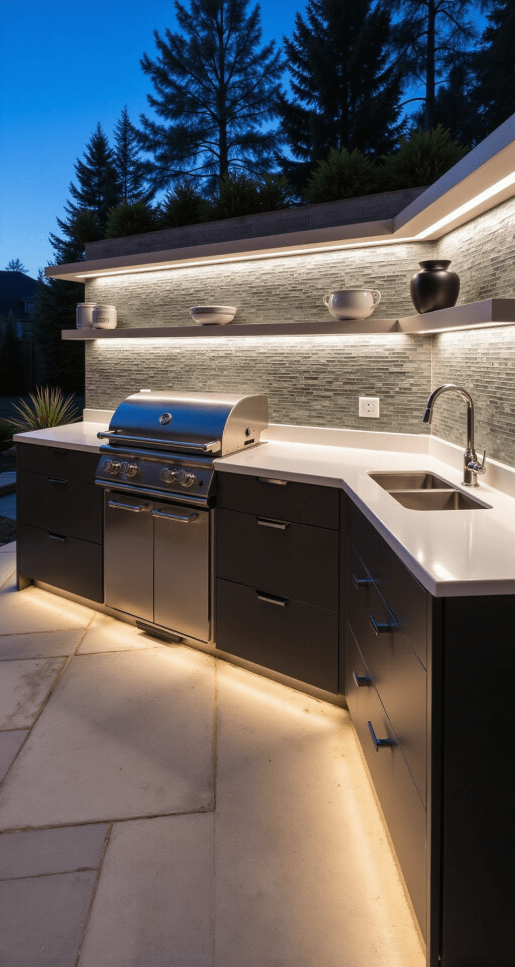 Contemporary outdoor entertainment zone at twilight featuring sleek white quartz countertops, dark charcoal cabinetry, LED strip lighting, minimalist stainless steel appliances, and a glass mosaic backsplash, all set against geometric concrete pavers and architectural plantings.