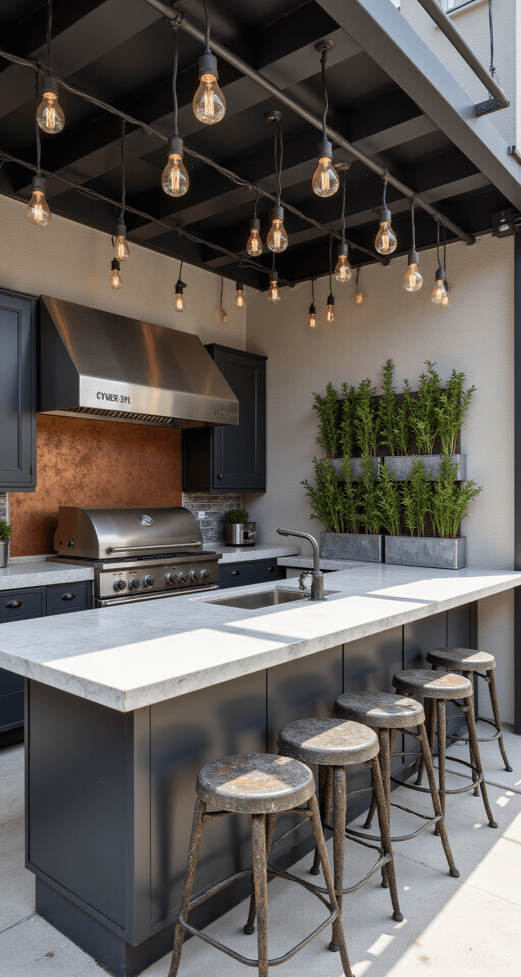 An industrial chic grill station featuring exposed metal framework, raw concrete surfaces, and blackened steel cabinets, complemented by light limestone countertops. Edison bulb string lights create a vintage ambiance, while commercial-grade brushed stainless appliances shine. A patinated copper accent wall and distressed metal bar stools enhance the aesthetic, alongside urban garden elements including a vertical herb wall in galvanized planters.