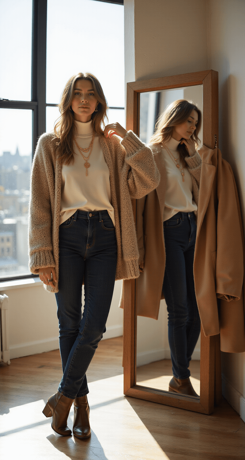 A fashion-forward woman in a sun-drenched minimalist loft apartment adjusts delicate gold necklaces in a full-length mirror, wearing a cream silk turtleneck, chunky oatmeal cashmere sweater, and high-waisted dark denim, with her camel wool coat and brown leather ankle boots nearby, captured with soft backlighting.